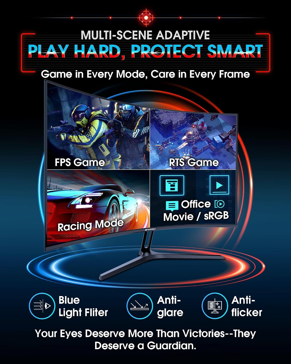 SANSUI 27" Curved Gaming Monitor, 240Hz, 1ms, FHD 1080p, FreeSync, HDR, 1500R