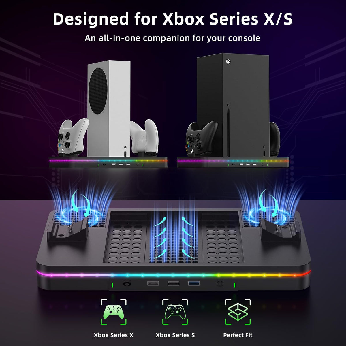 CODOGOY Xbox Series X|S Cooling Stand & Dual Controller Charger with 2 Rechargeable Batteries