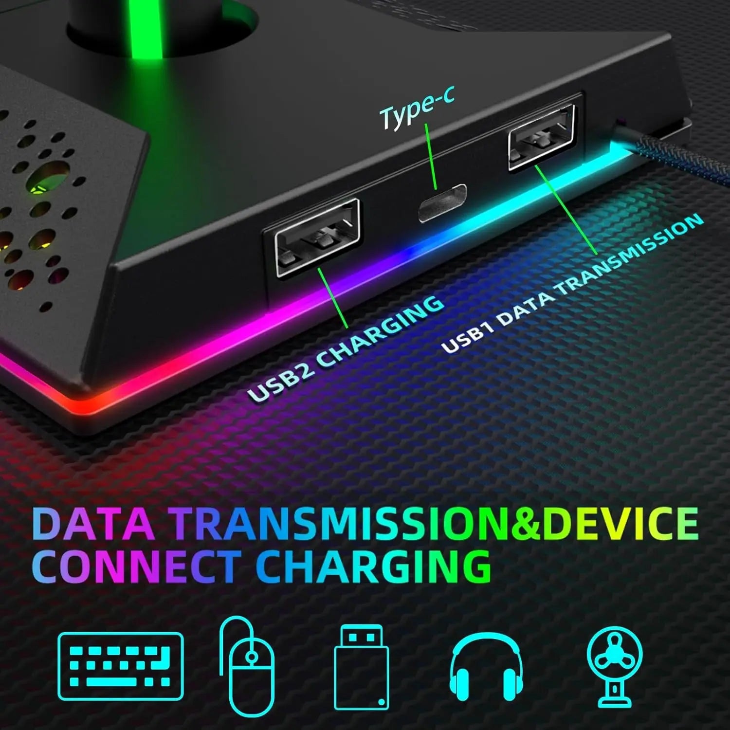 RGB Headset Stand, Gaming Headphone Stand with 2 USB Charging Ports,10 Light Modes Headset Holder PC Gaming Accessories, Suitable for All Earphone Accessories, Gift for Boys Men Gamers