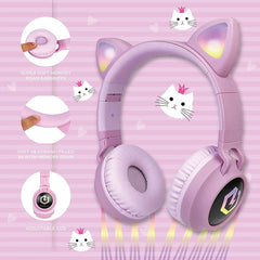 Kids Cat Ear Headphones, Bluetooth 5.3 Wireless, LED Lights, Safe Volume Limit, Micro SD/TF, for Ipad, Tablet, Travel (Pink)