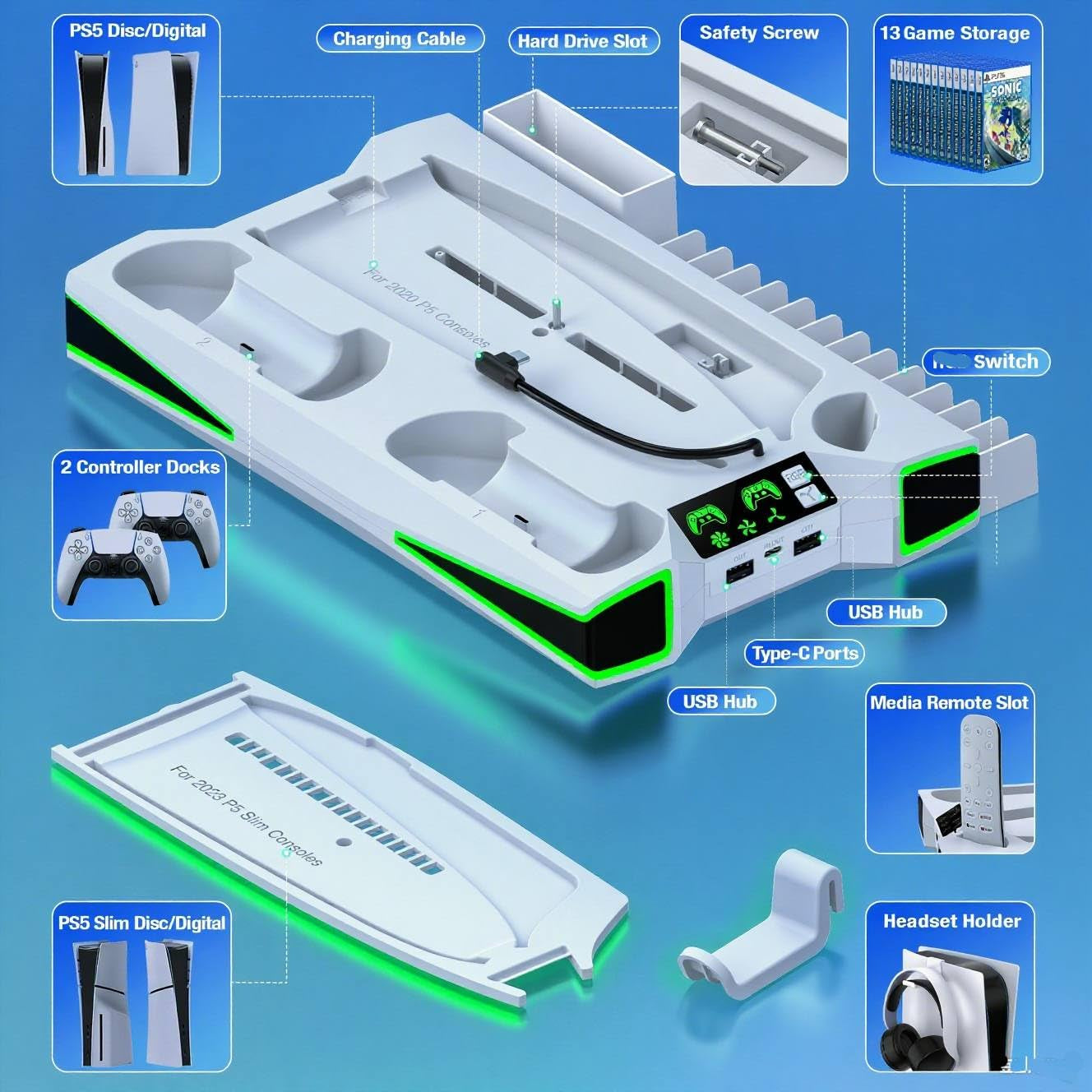 PS5 Stand, Vertical Cooling Station for PS5/PS5 Slim Console with 3-Level Ultra Cooling Fan, PS5 Accessories Dual Controller Charger, 3 Charger Ports, Headset Holder, Dynamic Light