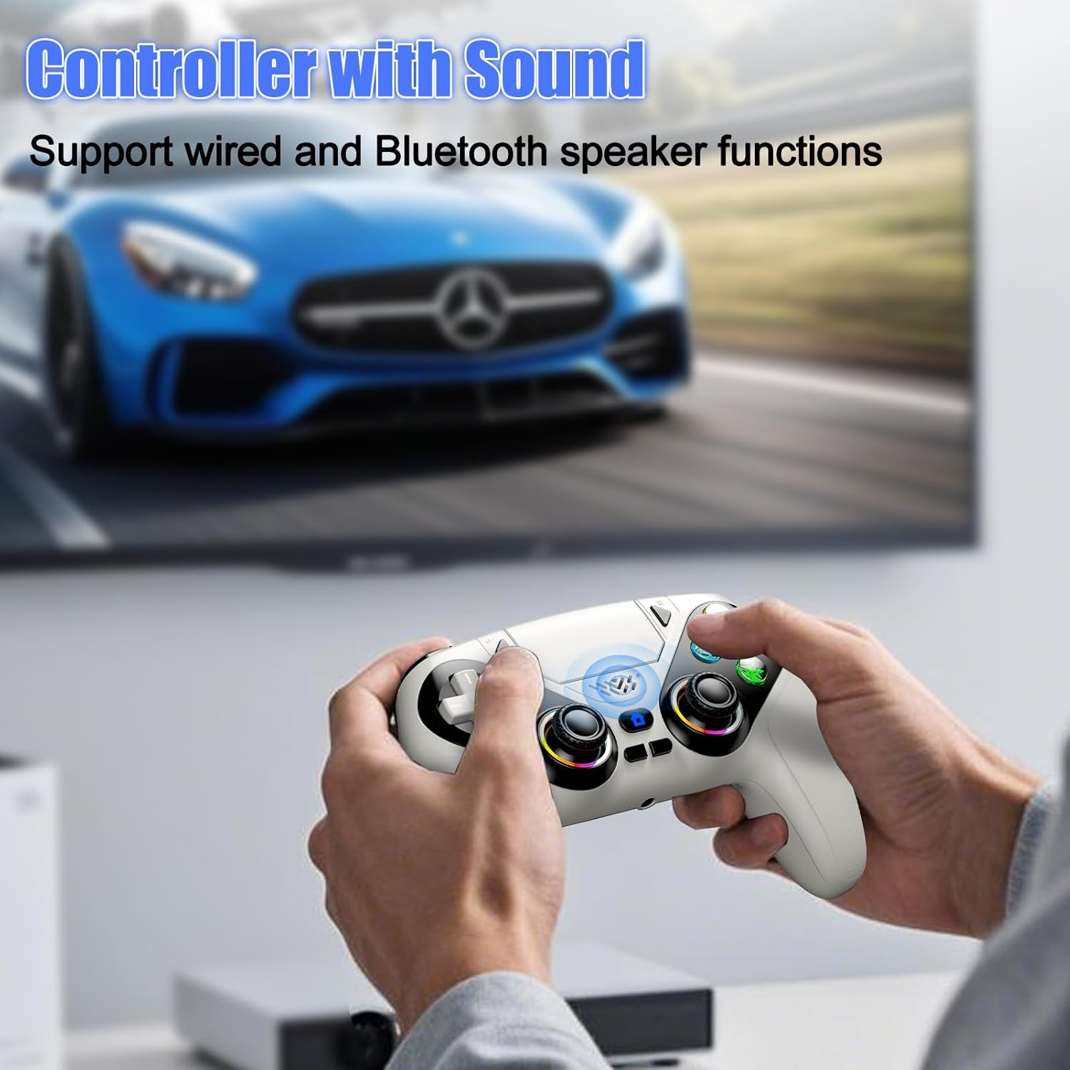 LED Wireless Controller for PS5, Compatible with PS5 Pro/Slim/Pc, Dual Vibration, Macro/Turbo Function, 3.5Mm Audio Jack, 6-Axis Motion Contro Gamepad with Speaker(White)