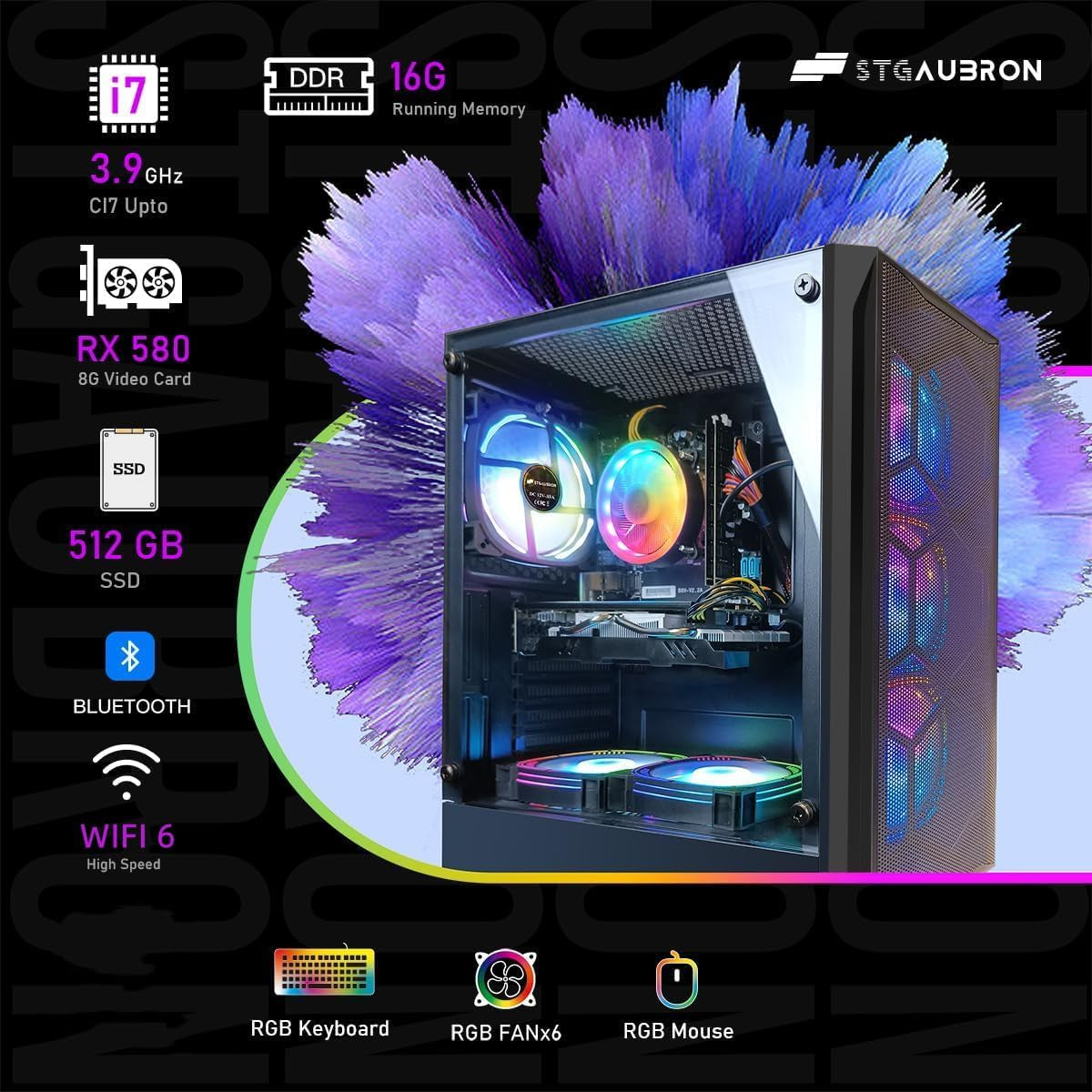 Gaming PC Desktop Computer, Intel Core I7 up to 3.9Ghz, Radeon RX 580 8G, 16G RAM, 512G SSD, Wifi 6, BT 5.0, RGB Fan X6, Windows 11 Home