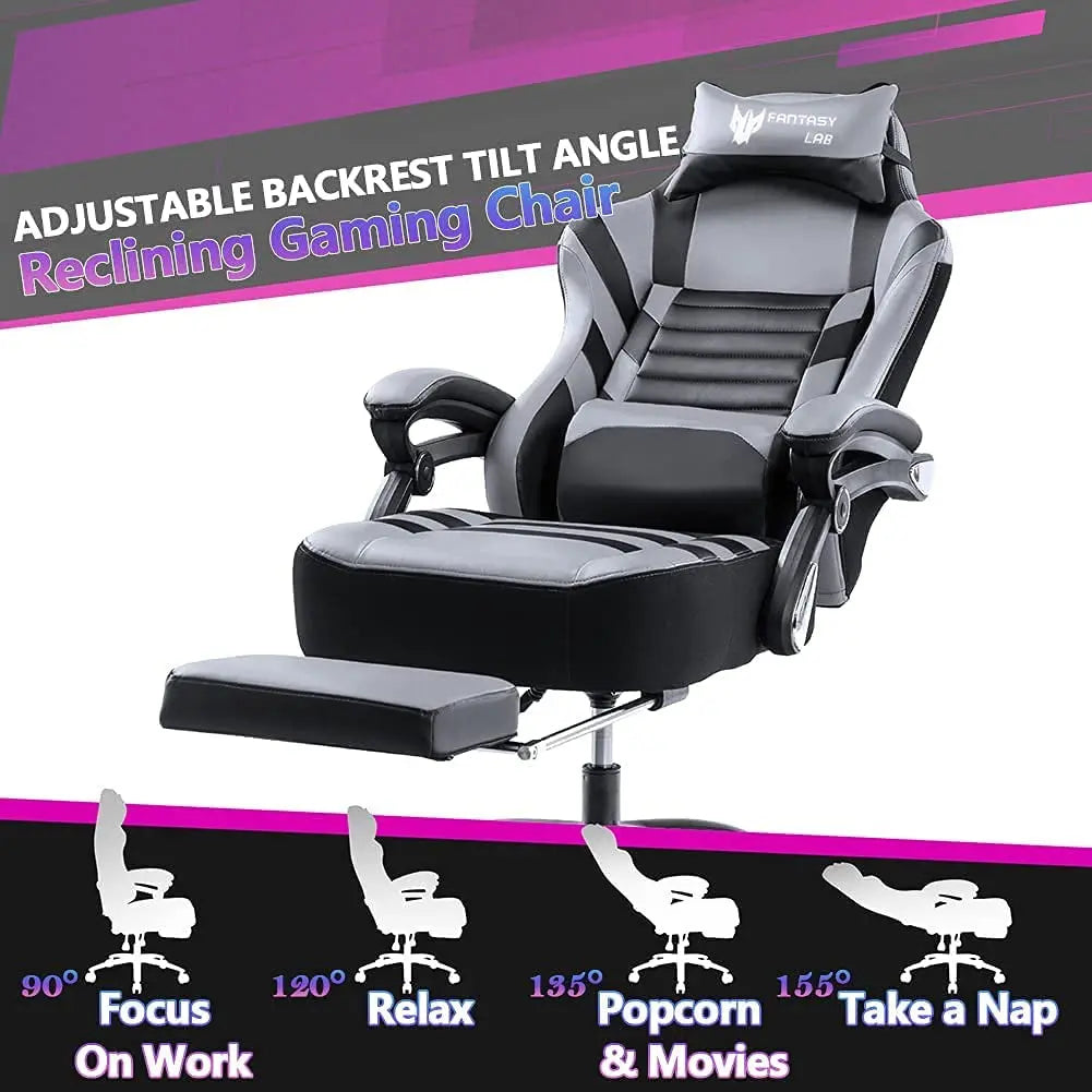 Racing Gaming Chair with Footrest Massage, 400Lb Capacity, Black, Modern Style, Ergonomic Desk Chair, Recliner, Leather Memory Foam, Office & Gaming Use