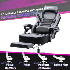 Racing Gaming Chair with Footrest Massage, 400Lb Capacity, Black, Modern Style, Ergonomic Desk Chair, Recliner, Leather Memory Foam, Office & Gaming Use