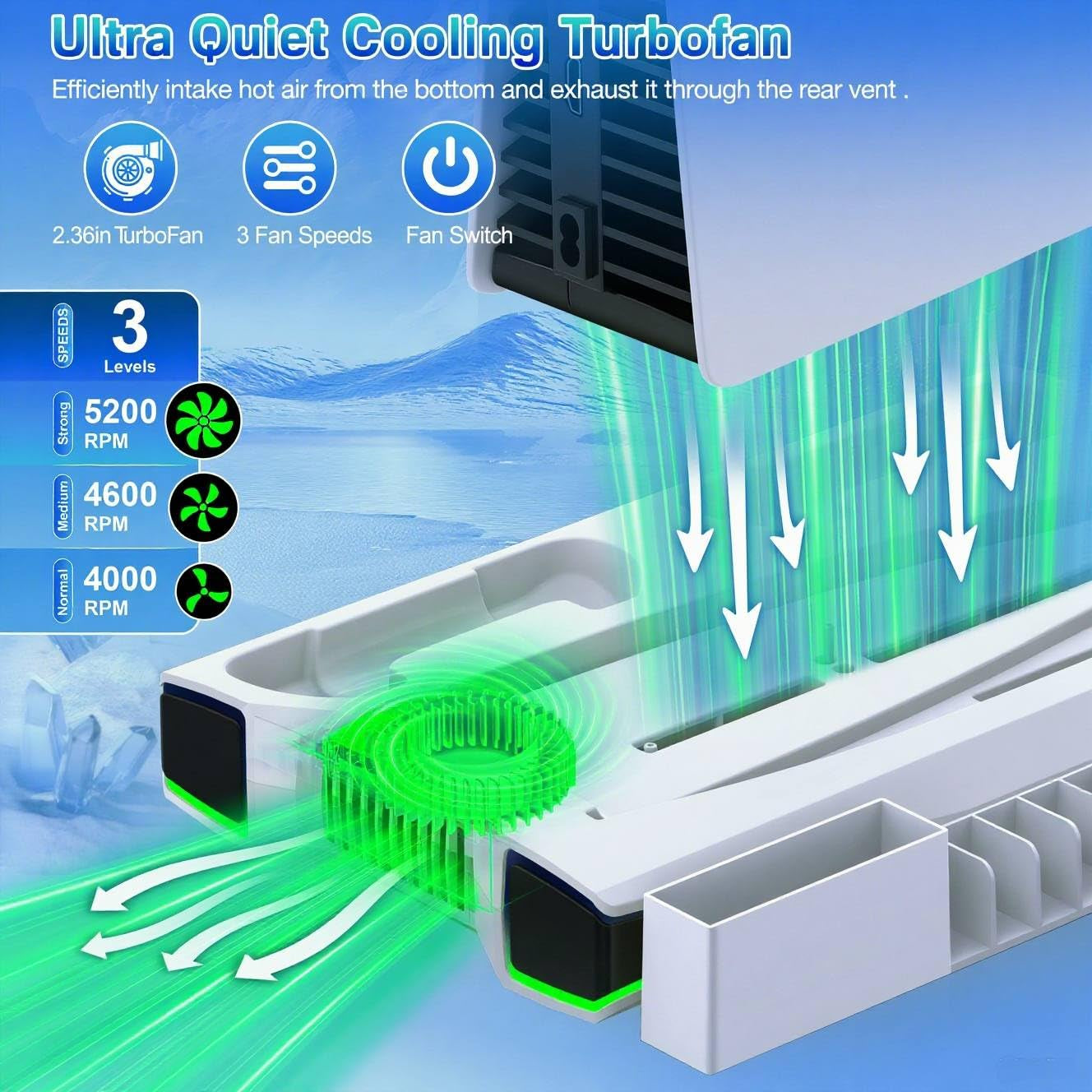 PS5 Vertical Stand with Cooling Fan for PS5 and PS5 Slim, 3-Level Turbo Cooling Station with Dual Controller Charger