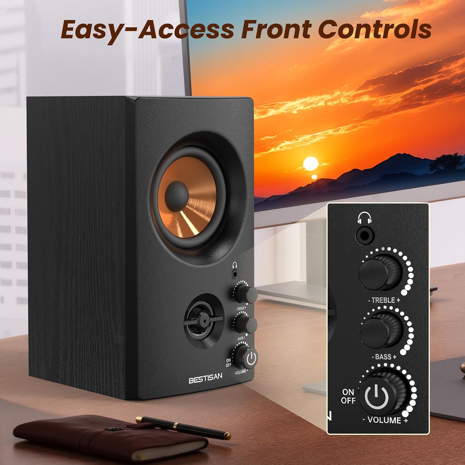 Active Bookshelf Speakers, 50W BT Home Speakers, 3’’ Woofer, 1’’ Silk Dome Tweeter PC Speakers, RCA Speakers for Desktop/Turntable/Tv, Bass & Treble Adjustable, Headphone Port for Gaming
