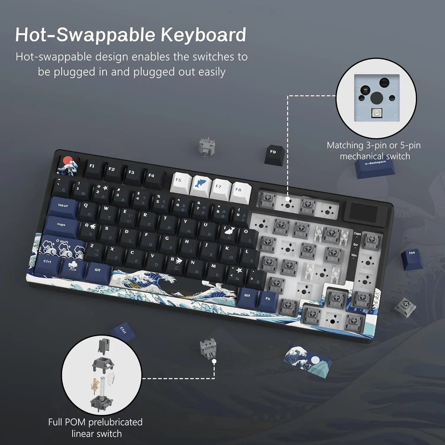 S-K80 75% Keyboard with Color Multimedia Display Mechanical Gaming Keyboard, Wired Hot Swappable Gasket Mount RGB Custom Key Board, Pre-Lubed Stabilizer for Mac/Win, Black Kanagawa