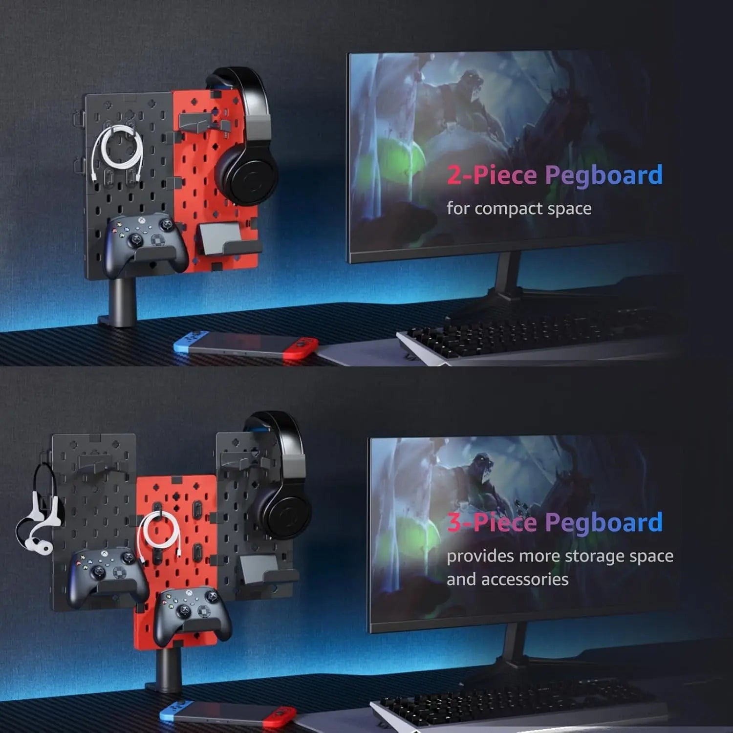Modular Headphone and Controller Holder for Game, Clamp-On Pegboard, Rotatable Controller Stand with Cable Hooks, Gaming Accessory for Xbox PS5 PS4 Nintendo Switch, 3Pcs Pegboard, Red
