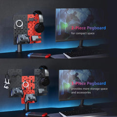 Modular Headphone and Controller Holder for Game, Clamp-On Pegboard, Rotatable Controller Stand with Cable Hooks, Gaming Accessory for Xbox PS5 PS4 Nintendo Switch, 3Pcs Pegboard, Red