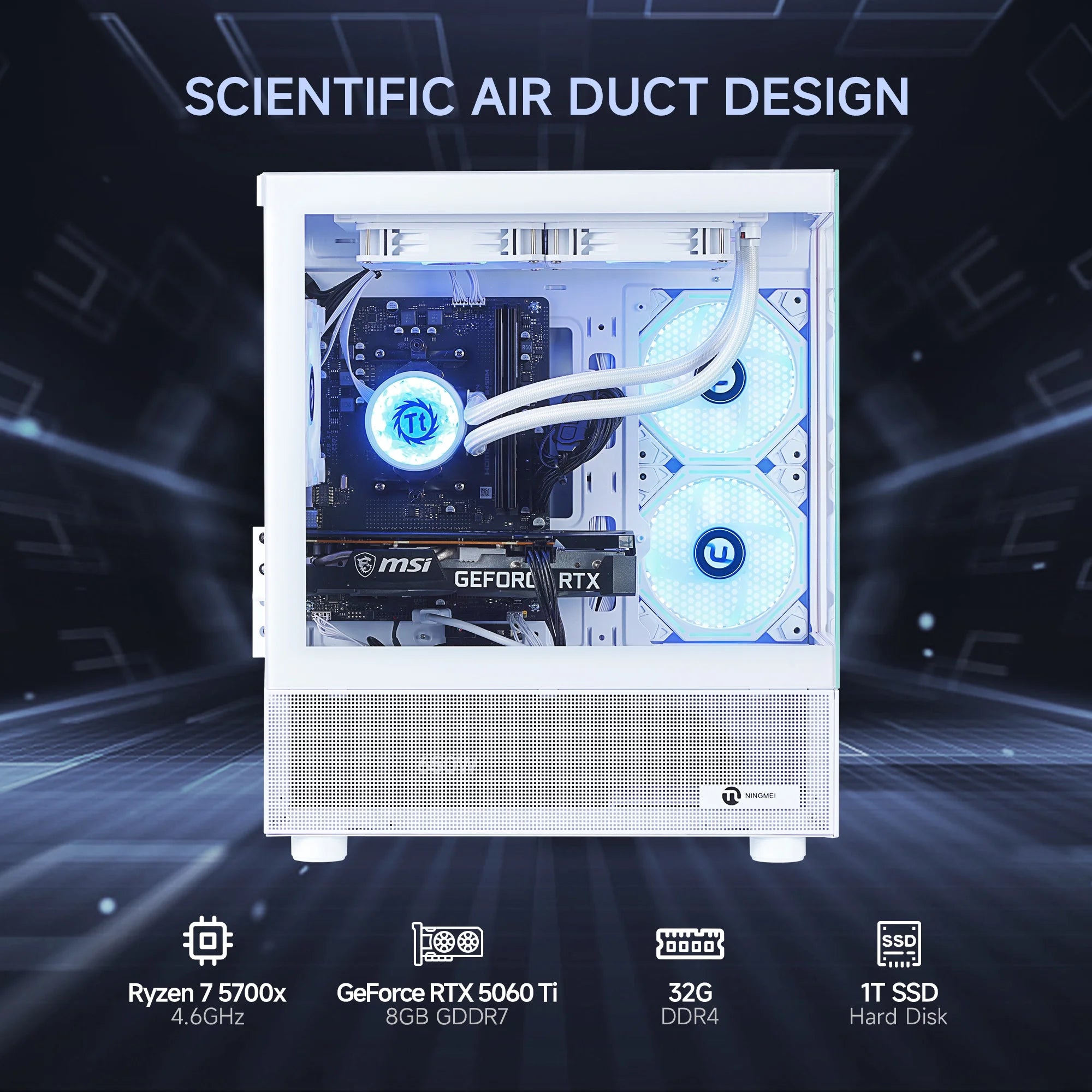 Gaming PC with AMD Ryzen 7 5700X, NVIDIA RTX 5060 Ti 8GB, 32GB DDR4 RAM, 1TB NVMe SSD, WiFi, White RGB Desktop for Gaming and Content Creation