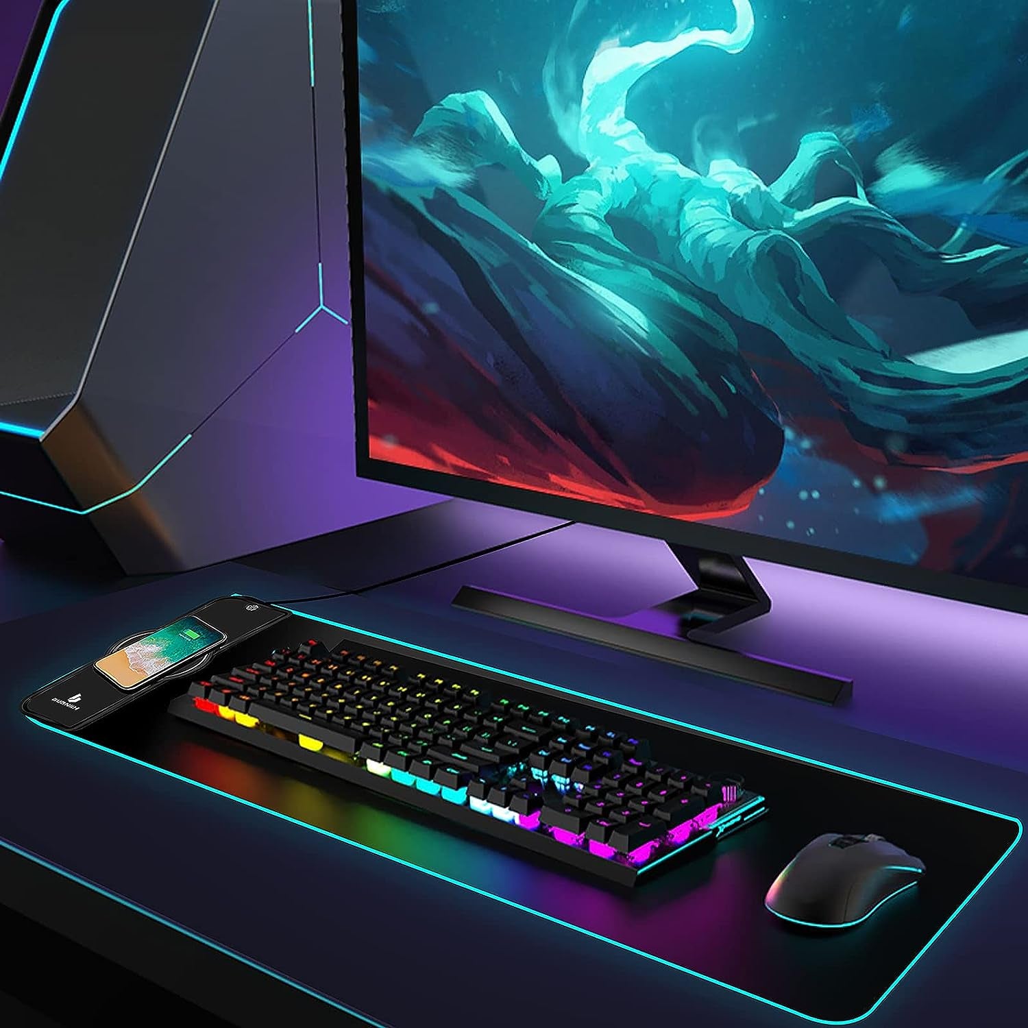 RGB Gaming Mouse Pad with 15W Wireless Charging, Extended Desk Mat 31.5 x 11.8 Inch, LED Mouse Pad with 10 Lighting Modes, Non-Slip Base for Keyboard, Mouse