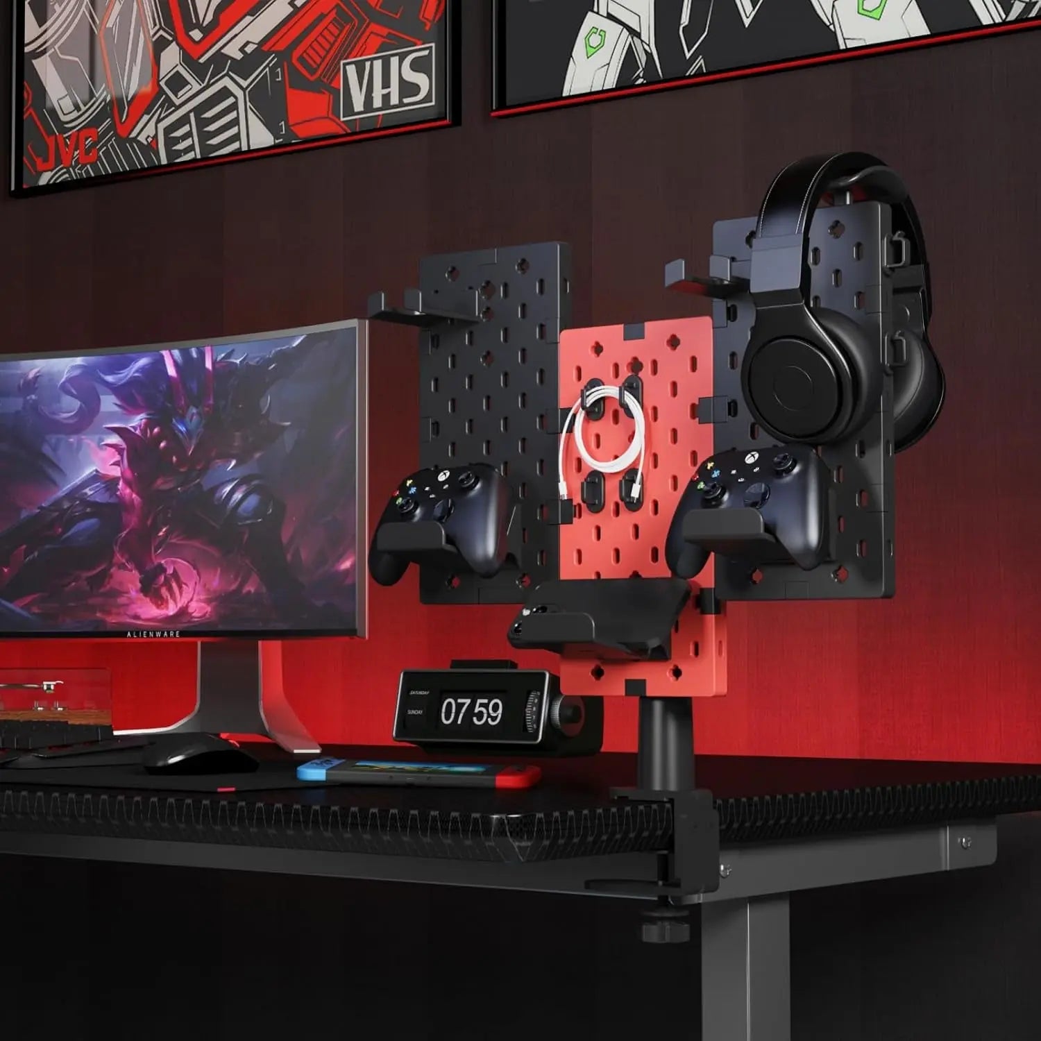 Modular Headphone and Controller Holder for Game, Clamp-On Pegboard, Rotatable Controller Stand with Cable Hooks, Gaming Accessory for Xbox PS5 PS4 Nintendo Switch, 3Pcs Pegboard, Red