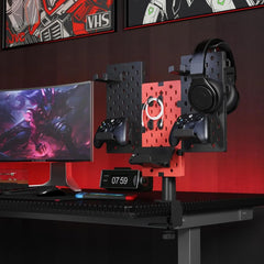 Modular Headphone and Controller Holder for Game, Clamp-On Pegboard, Rotatable Controller Stand with Cable Hooks, Gaming Accessory for Xbox PS5 PS4 Nintendo Switch, 3Pcs Pegboard, Red