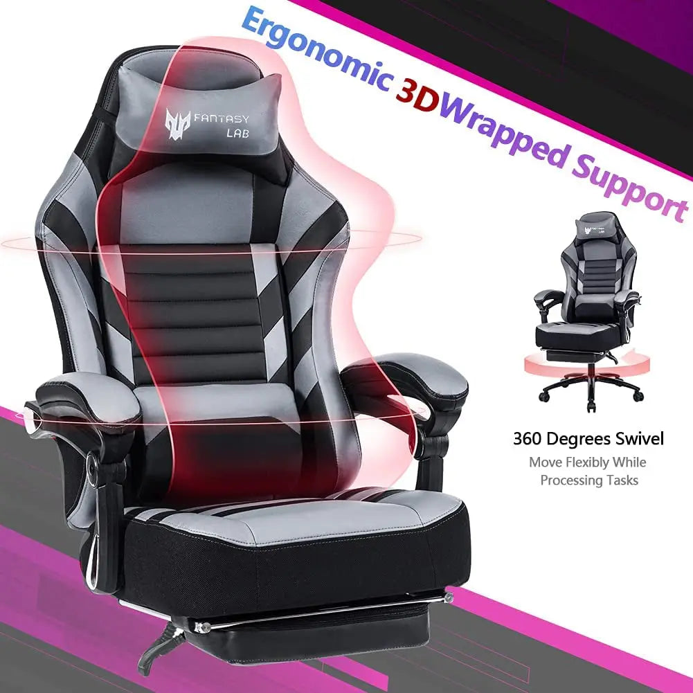 Racing Gaming Chair with Footrest Massage, 400Lb Capacity, Black, Modern Style, Ergonomic Desk Chair, Recliner, Leather Memory Foam, Office & Gaming Use