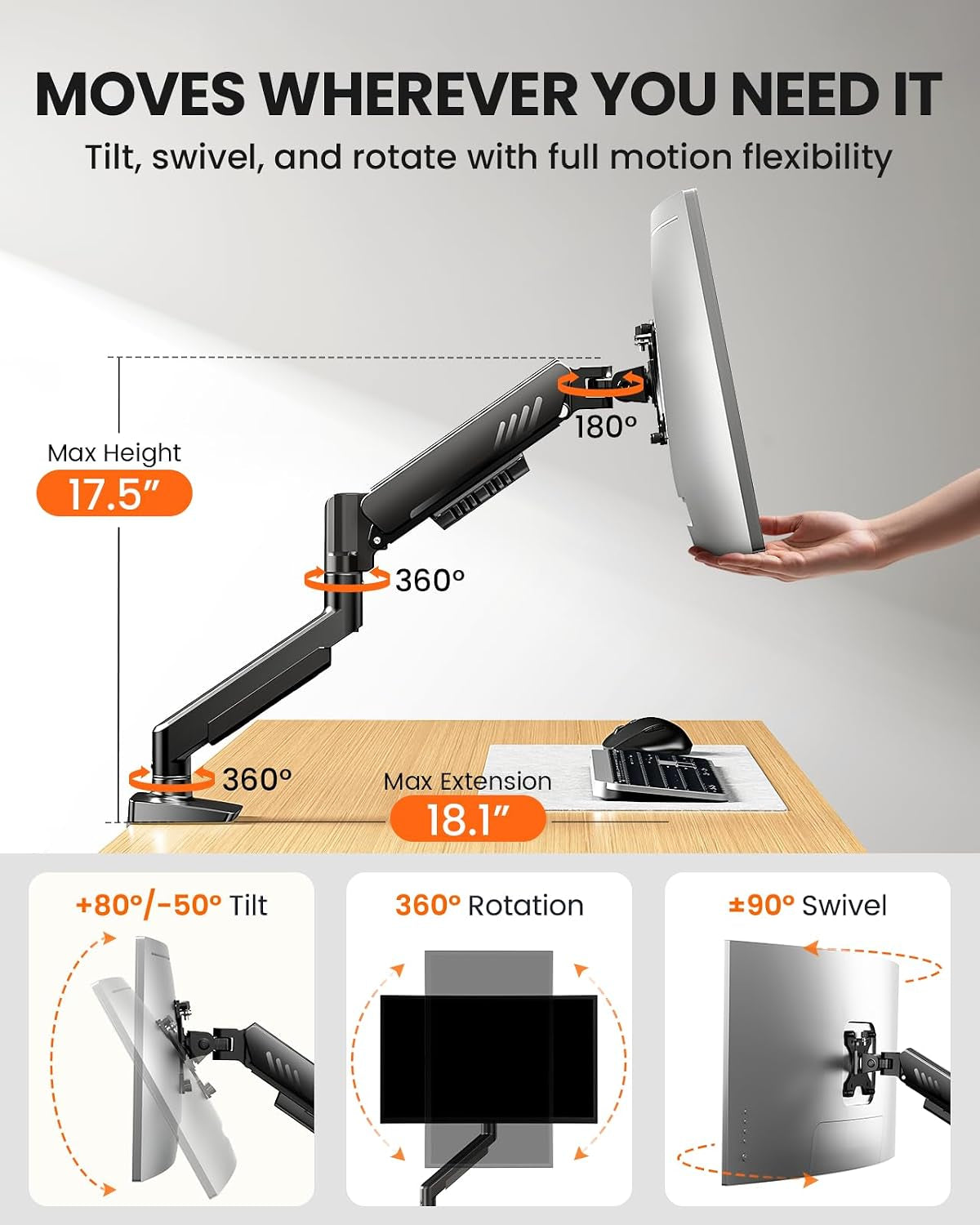 Single Monitor Arm, Fully Adjustable Monitor Mount for 13–34 Inch Screens, Fast Install Computer Monitor Stand with Tool-Free VESA Mount, Cable Management, Holds 19.8 Lbs, Max VESA 100X100Mm
