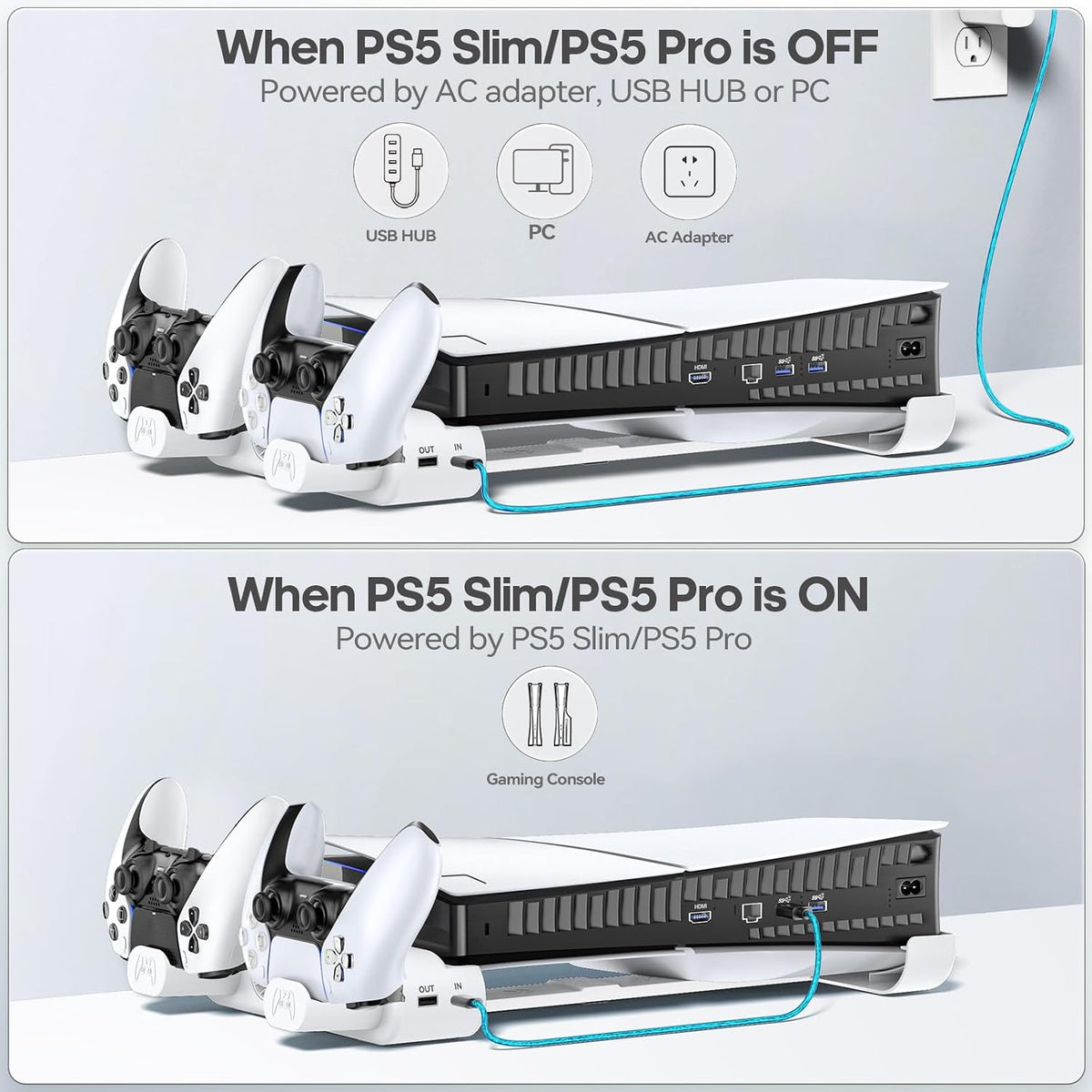 Tokluck PS5 Slim & PS5 Pro Horizontal Cooling Stand, Dual Controller Charger, 3-Speed RGB Fans, White