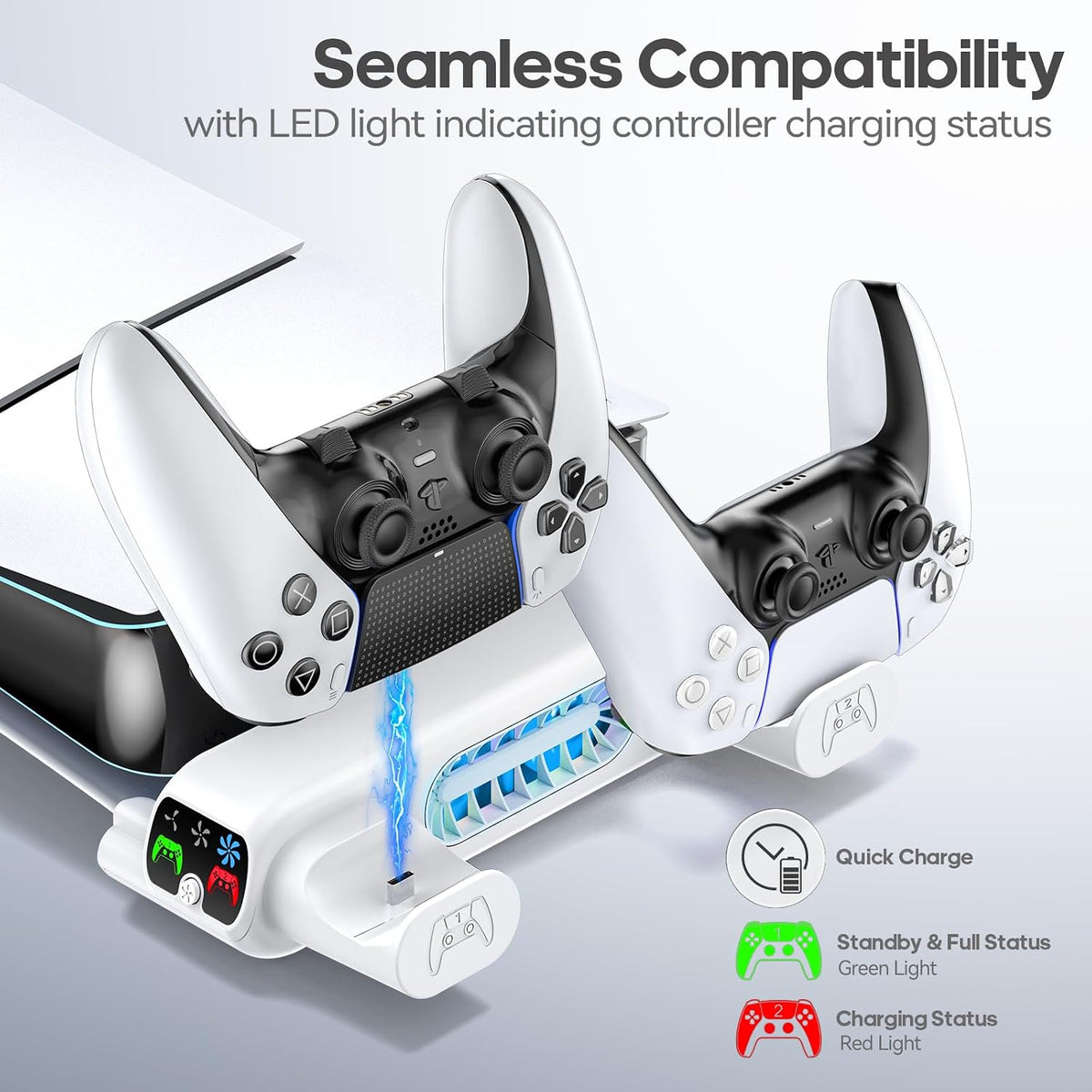 Tokluck PS5 Slim & PS5 Pro Horizontal Cooling Stand, Dual Controller Charger, 3-Speed RGB Fans, White