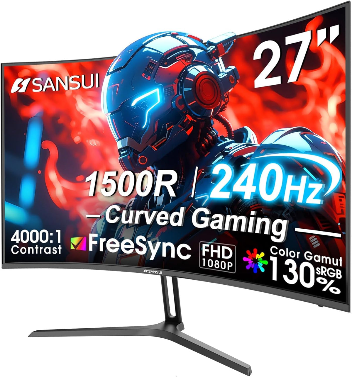 SANSUI 27" Curved Gaming Monitor, 240Hz, 1ms, FHD 1080p, FreeSync, HDR, 1500R