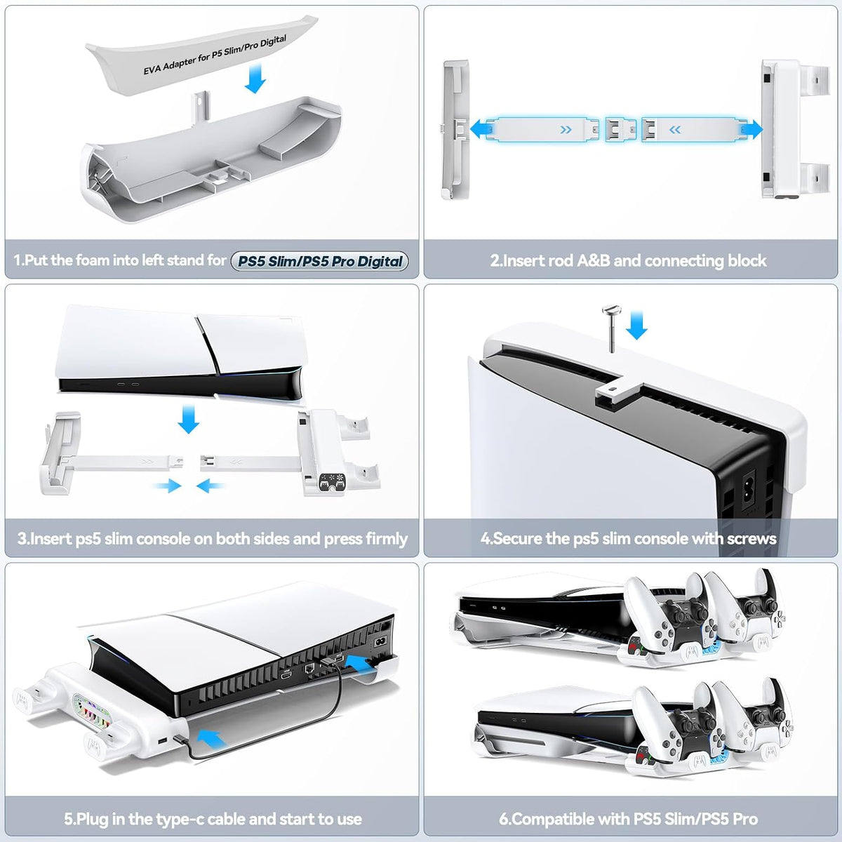 Tokluck PS5 Slim & PS5 Pro Horizontal Cooling Stand, Dual Controller Charger, 3-Speed RGB Fans, White
