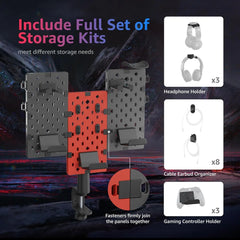 Modular Headphone and Controller Holder for Game, Clamp-On Pegboard, Rotatable Controller Stand with Cable Hooks, Gaming Accessory for Xbox PS5 PS4 Nintendo Switch, 3Pcs Pegboard, Red