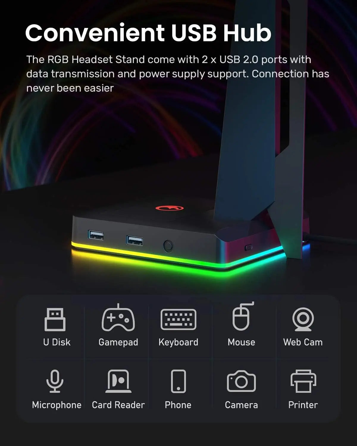 RGB Gaming Headset Stand with 2 USB Ports, Game Headphone Mount for PC, Xbox One, PS4, Switch, Earphone Holder Hanger, Great for Gaming Stations, Fancy Desk Gamer Accessories, Black