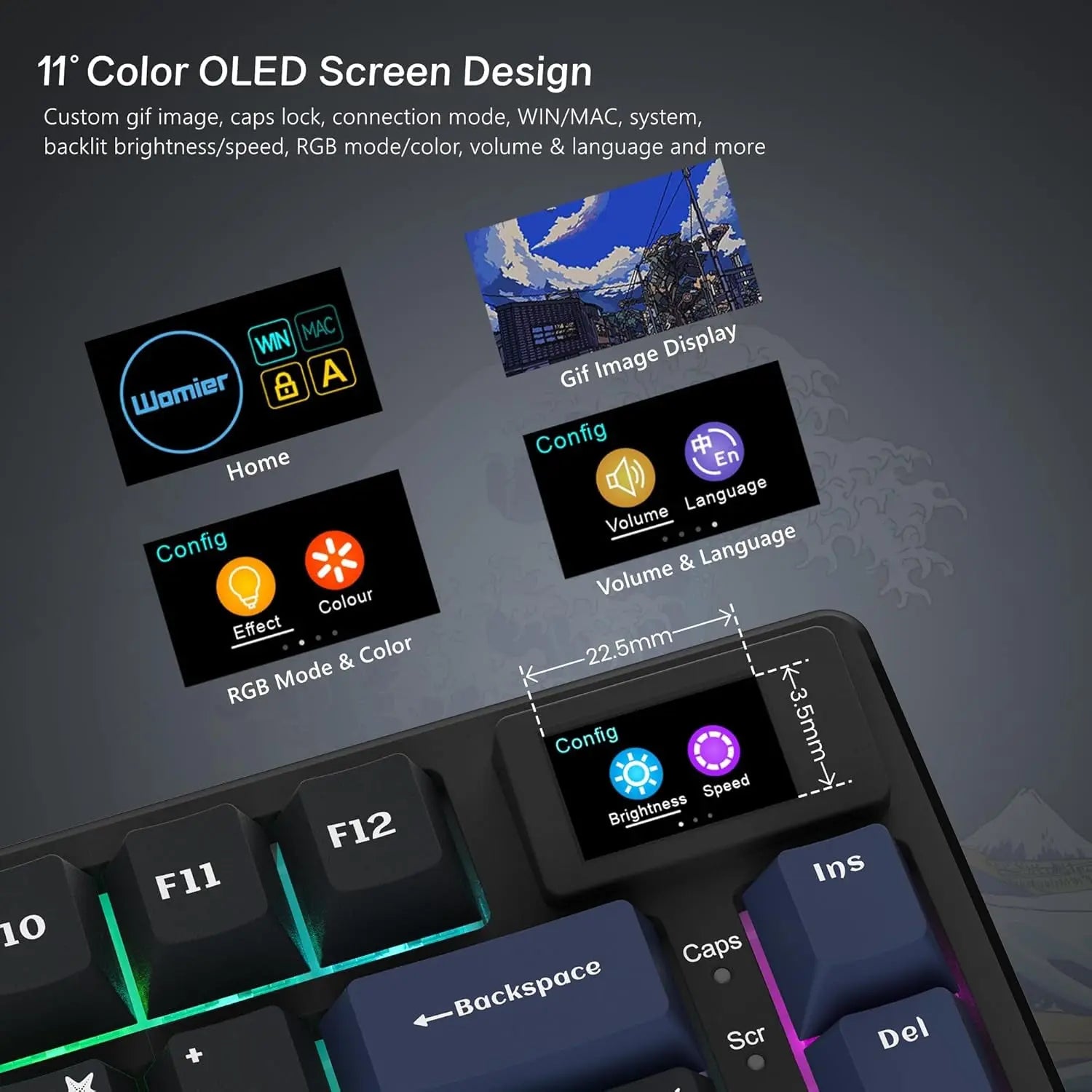 S-K80 75% Keyboard with Color Multimedia Display Mechanical Gaming Keyboard, Wired Hot Swappable Gasket Mount RGB Custom Key Board, Pre-Lubed Stabilizer for Mac/Win, Black Kanagawa