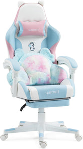 Vlgoslt Cat Ear Gaming Chair with Footrest - Adjustable Lumbar Support, 310Lbs Capacity.Removable Cute Ears, Cotton-Filled Ergonomic Computer Chair for Girls/Teens (Blue Pink)