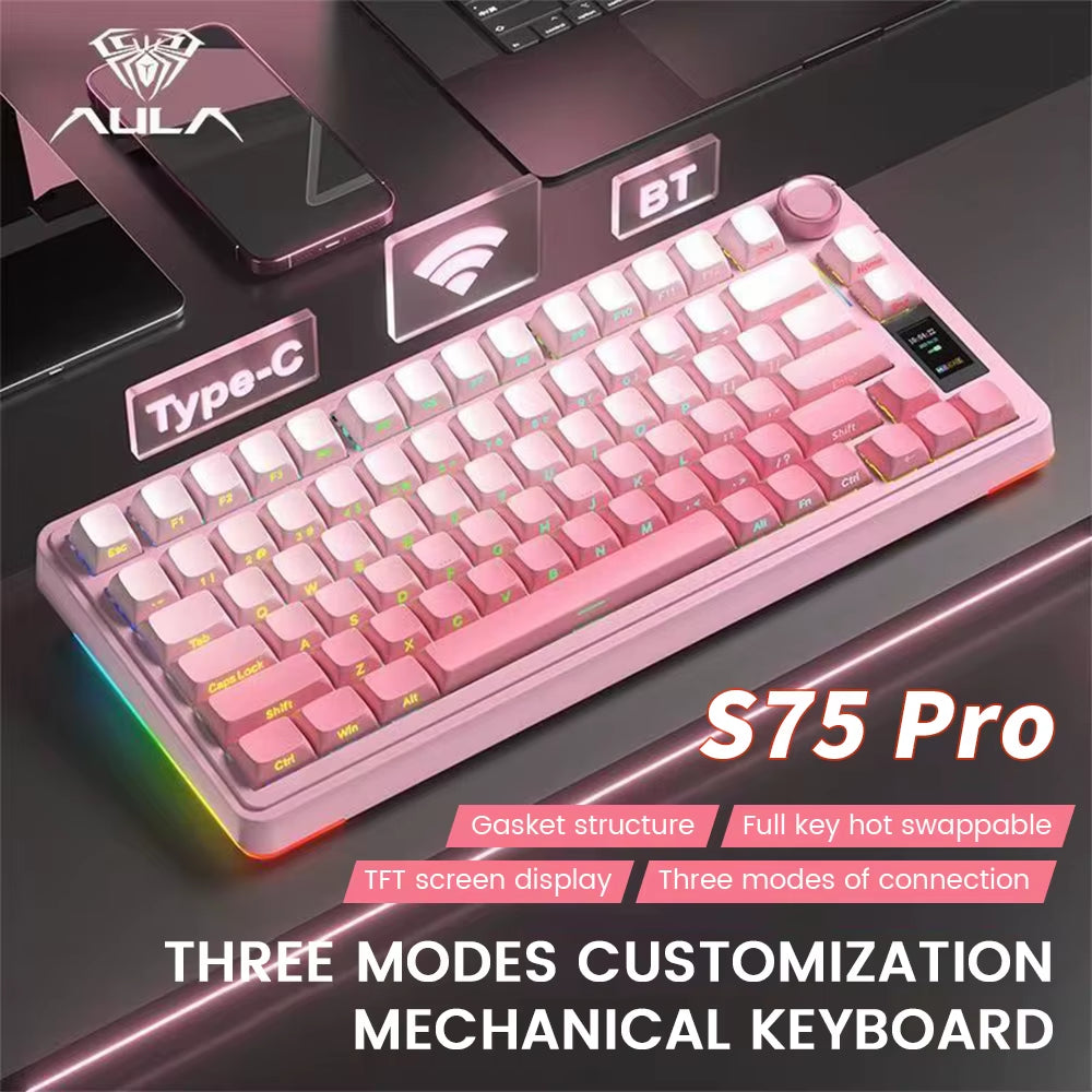 AULA S75 Pro Wireless Mechanical Keyboard, 75 Percent Hot Swappable RGB Gaming Keyboard with LCD Screen and Control Knob, 4000mAh Battery, PBT Keycaps, Tri-Mode 2.4G Bluetooth USB-C