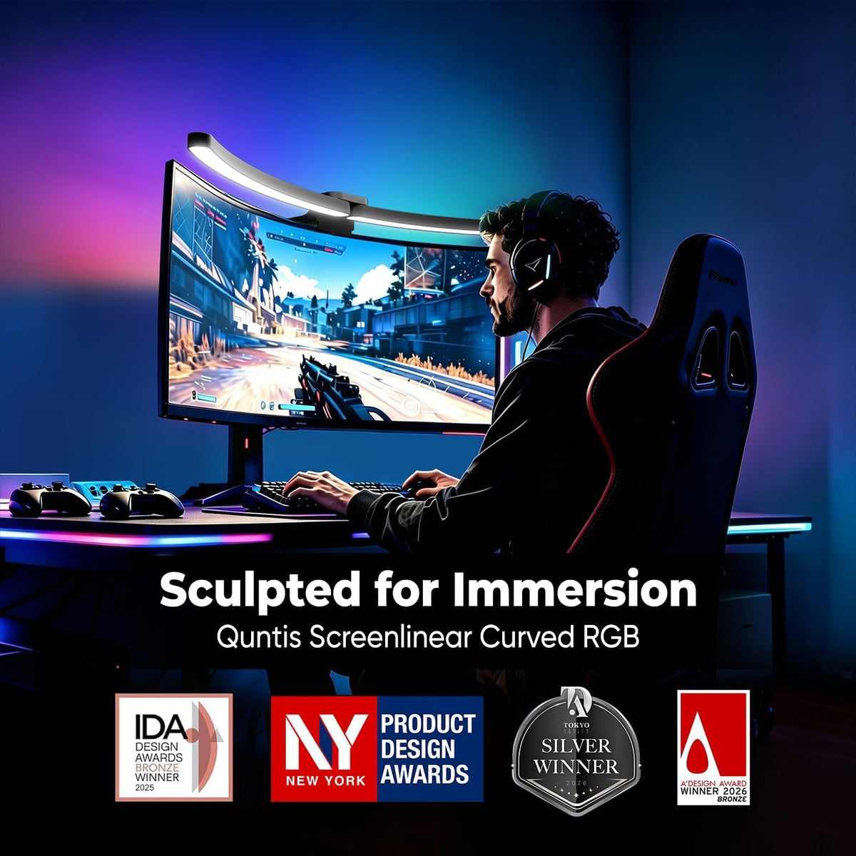 Quntis 26" Curved Monitor Light Bar for 34"+ Ultrawide Screens, 15 RGB Modes, Auto-Dimming & Remote
