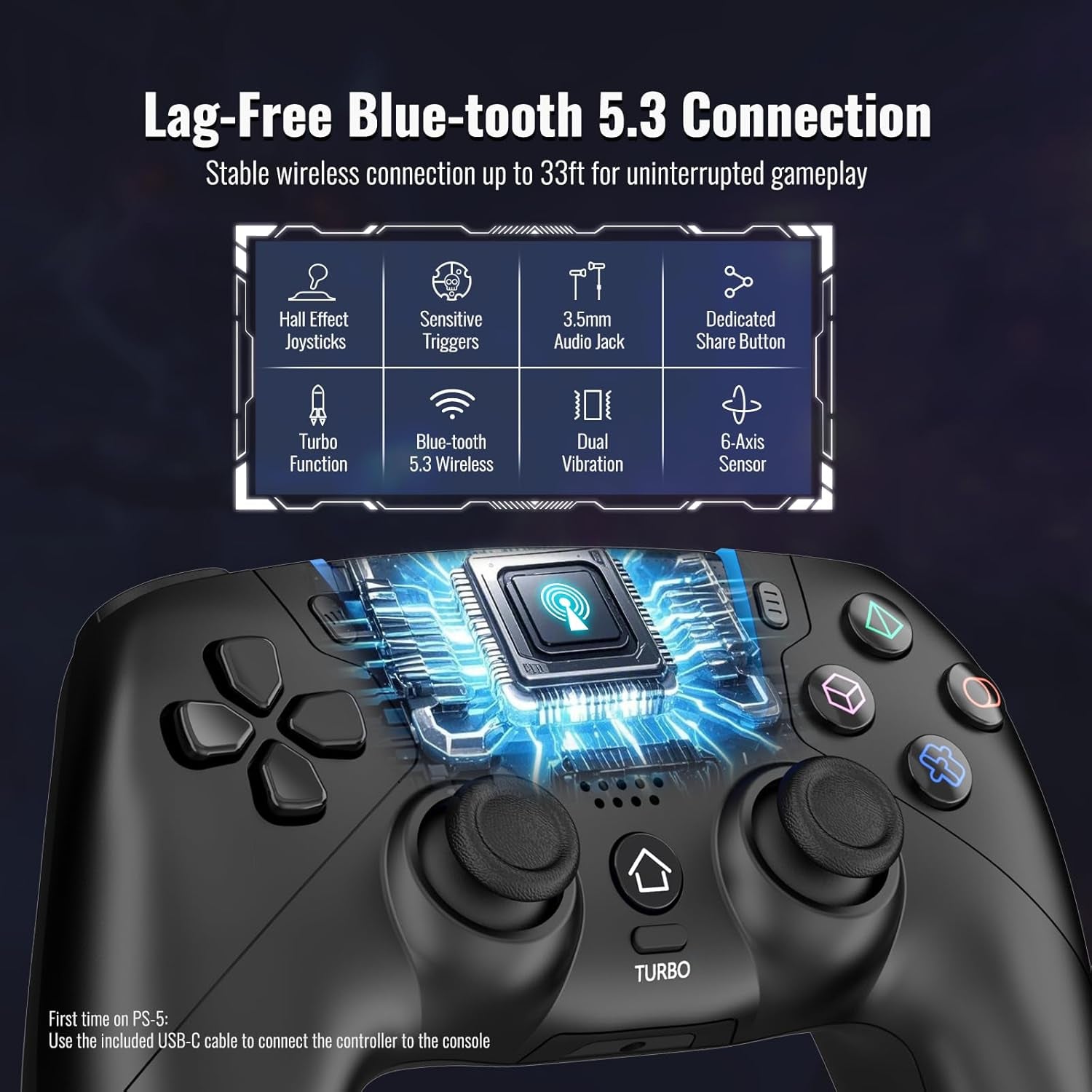 Wireless Gaming Controller for PS5, PS5 Pro, PS5 Slim, and PC, Bluetooth 5.3 Gamepad with Hall Effect Joysticks, LED Light Bar, Turbo, 6-Axis Motion Control, Dual Vibration, Touchpad, 3.5mm Audio Jack and Speaker, Black