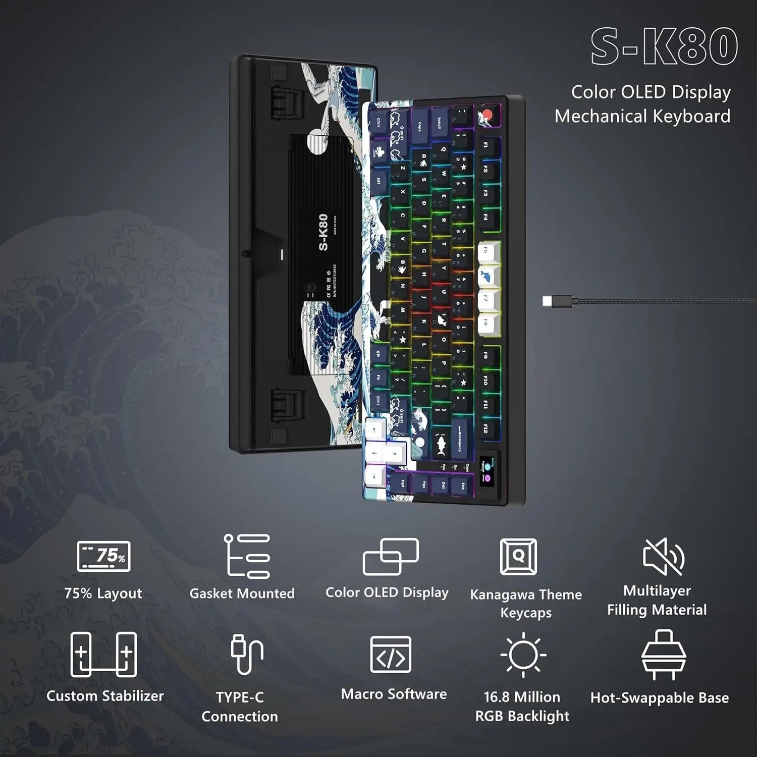 S-K80 75% Keyboard with Color Multimedia Display Mechanical Gaming Keyboard, Wired Hot Swappable Gasket Mount RGB Custom Key Board, Pre-Lubed Stabilizer for Mac/Win, Black Kanagawa