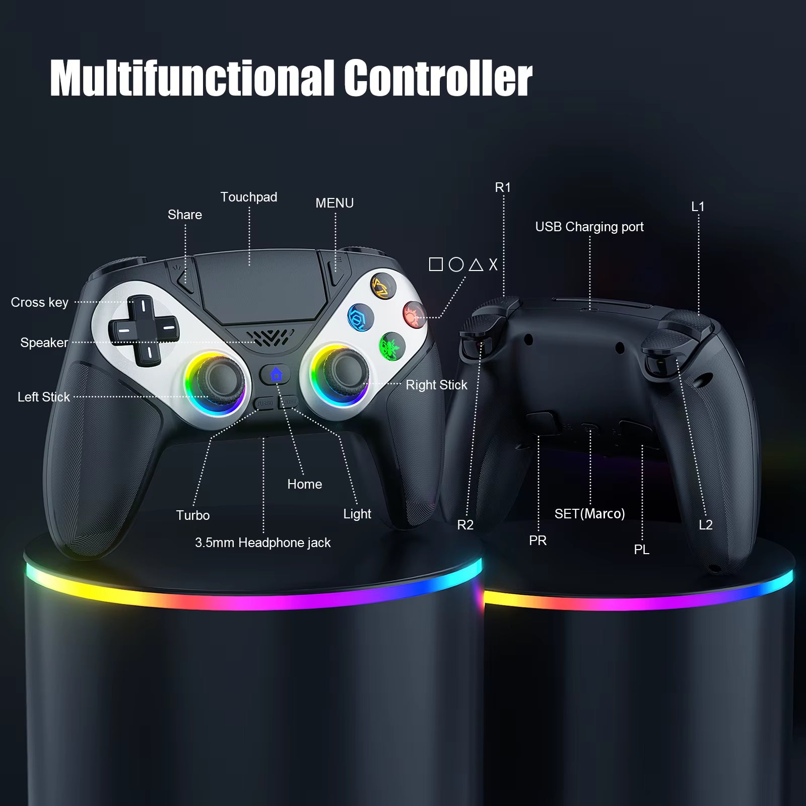 RGB Wireless Controller Compatible with PS5 and PC, Hall Effect Triggers, Programmable Buttons, Turbo Mode, Dual Vibration Gamepad