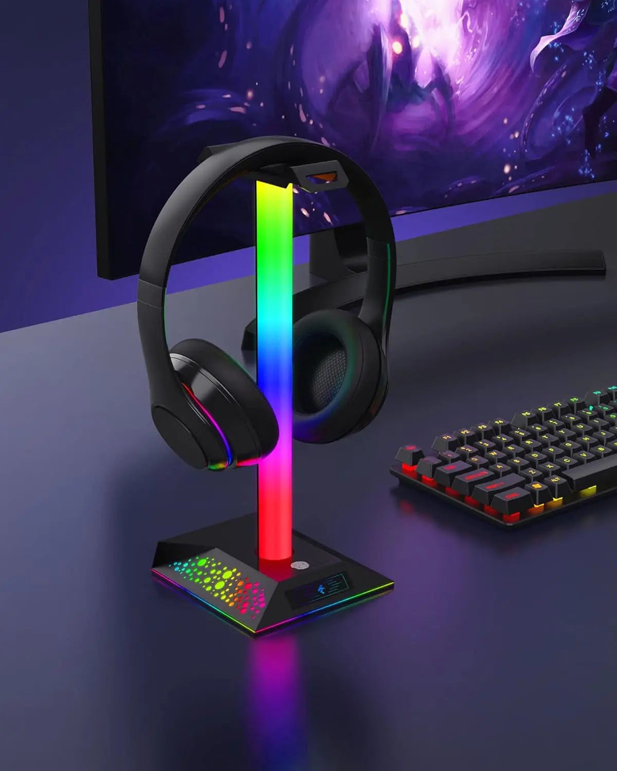 Headphone Stand Gaming Headset Holder RGB PC Gaming Accessories for Desk, Cool LED Headset Stand with 2 USB Charger for Gamer, Black