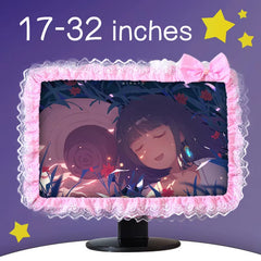 Lace Fabric Computer Frame Cover Monitor Screen Dust Cover with Elastic Pen Pocket Bow Home Decorations