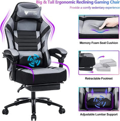 Racing Gaming Chair with Footrest Massage, 400Lb Capacity, Black, Modern Style, Ergonomic Desk Chair, Recliner, Leather Memory Foam, Office & Gaming Use