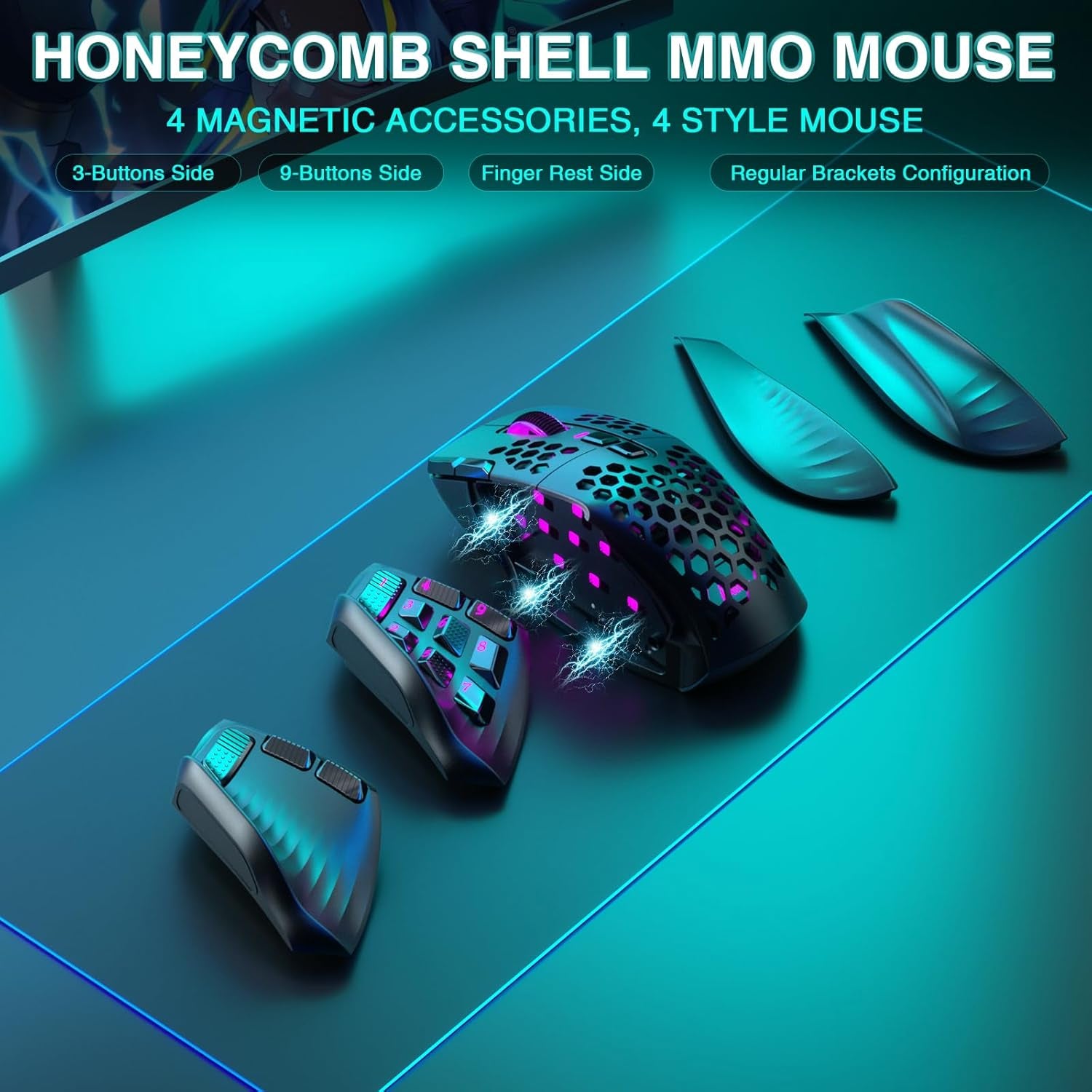 SM809 Pro Gaming Mouse with 9 Side Buttons, 24000 DPI, Triple-Mode Wireless, Black