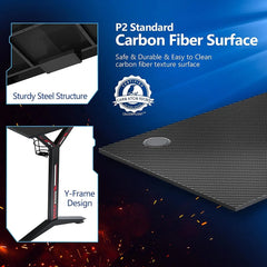 Gaming Desk 55INCH with RGB Mouse Pad & Power Outlet, Carbon Fiber Surface Gamer Desk with Monitor Stand, Ergonomic Y Shaped Gamer Table with Cup Holder, Headphone Hook, Outlet Organizer