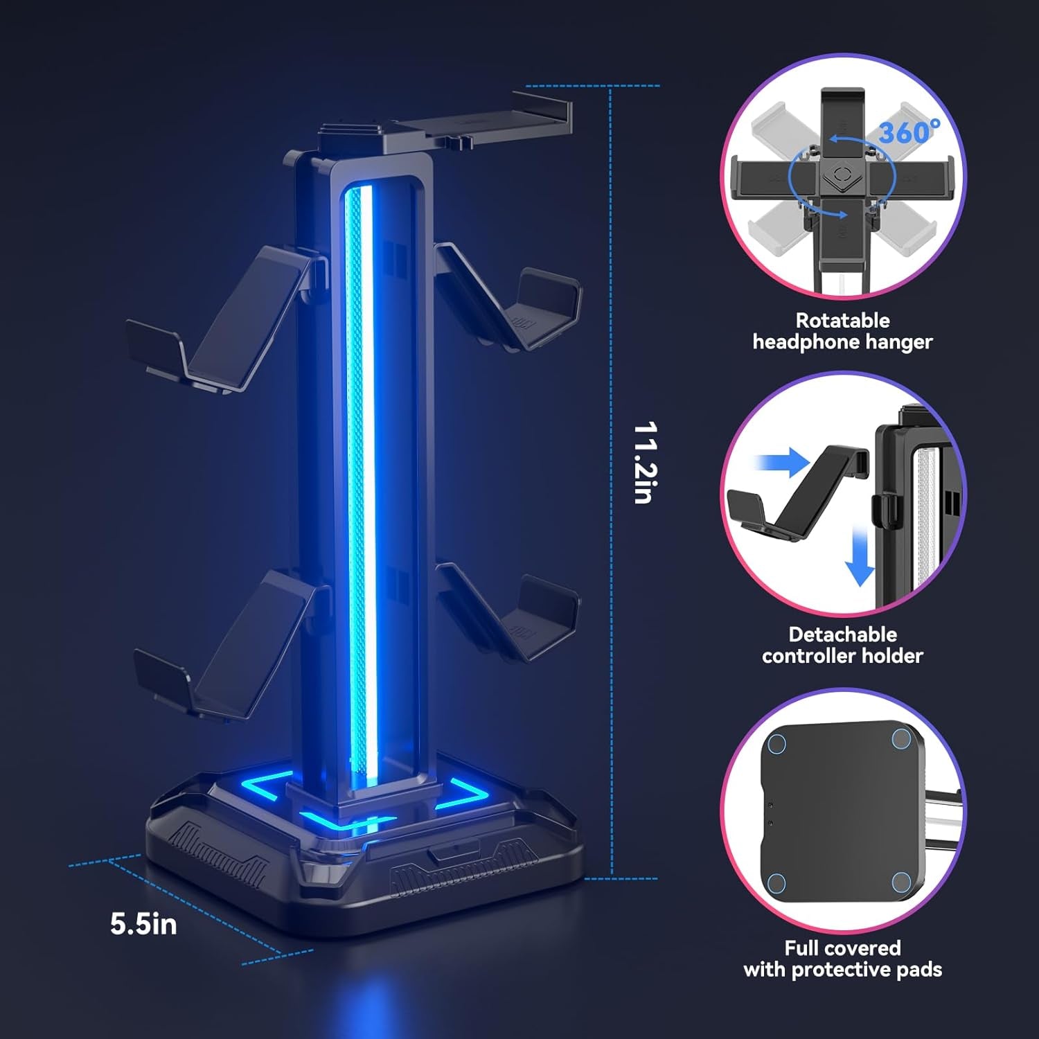 RGB Headset /Controller Holder for Desk - Rotatable Headphone Stand & Detachable Controller Hook for PC Earphone Accessories(Black)