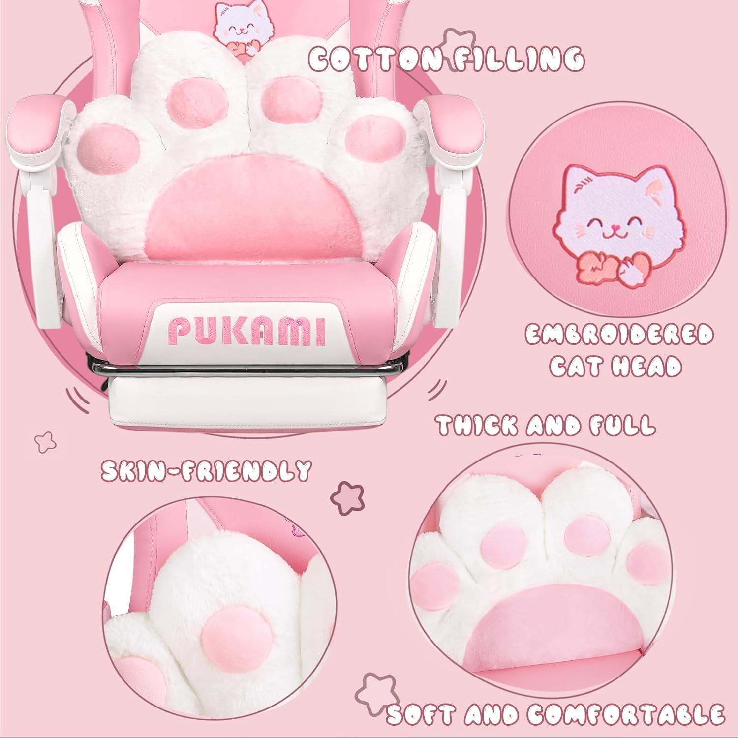 Pink Gaming Chair Cute with Cat Ears and Cat Paw Lumbar Cushion, Ergonomic Computer Chair for Girl with Footrest and Headrest, Comfortable Reclining PC Game Chair for Adult, Teen, Pink