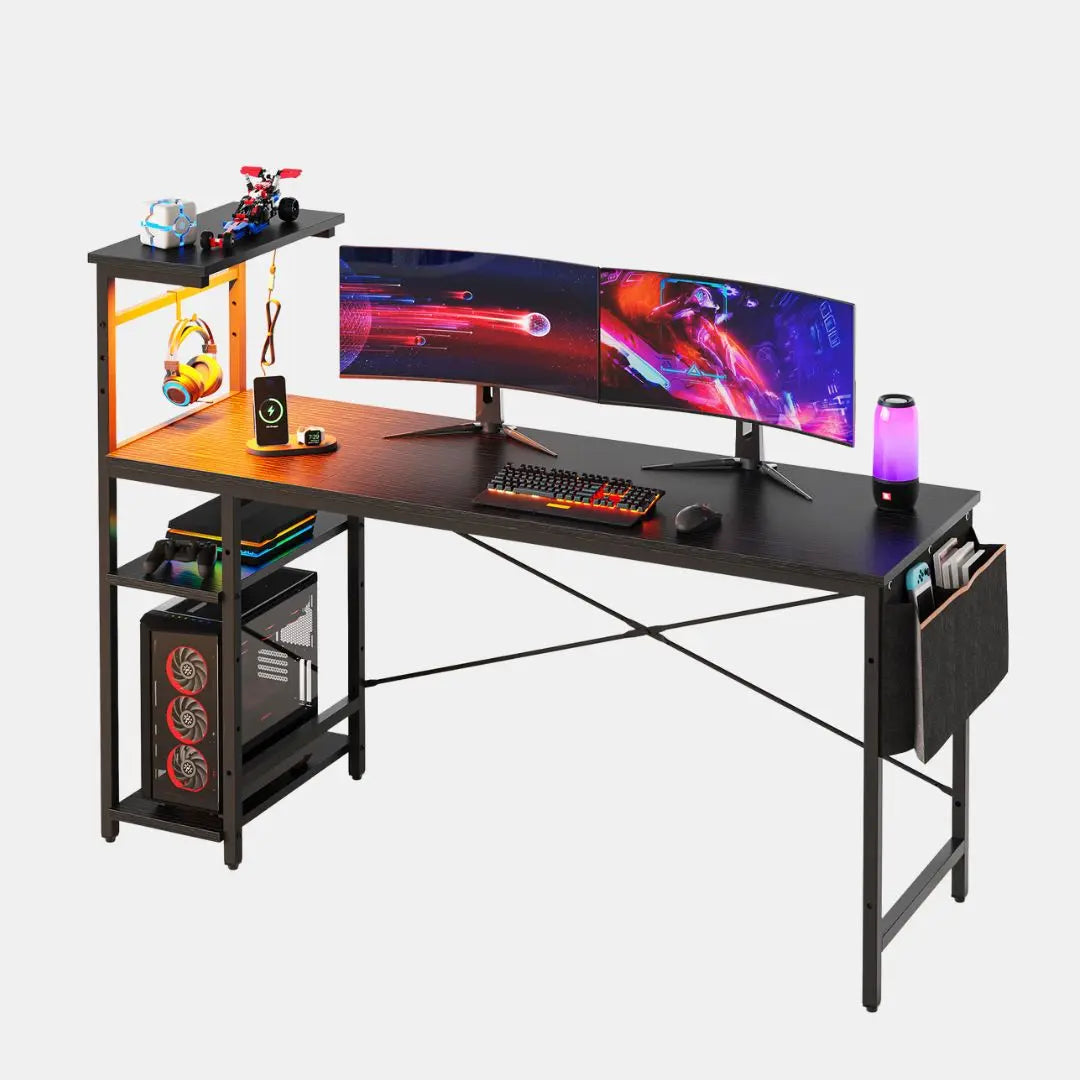 61 Inch Gaming Desk with Shelves, Storage Bag, and LED Lighting