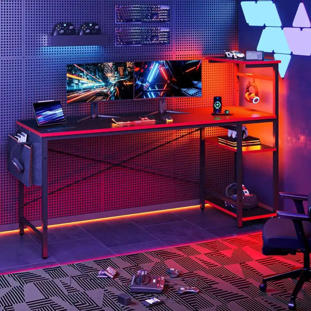 61 Inch Gaming Desk with Shelves, Storage Bag, and LED Lighting