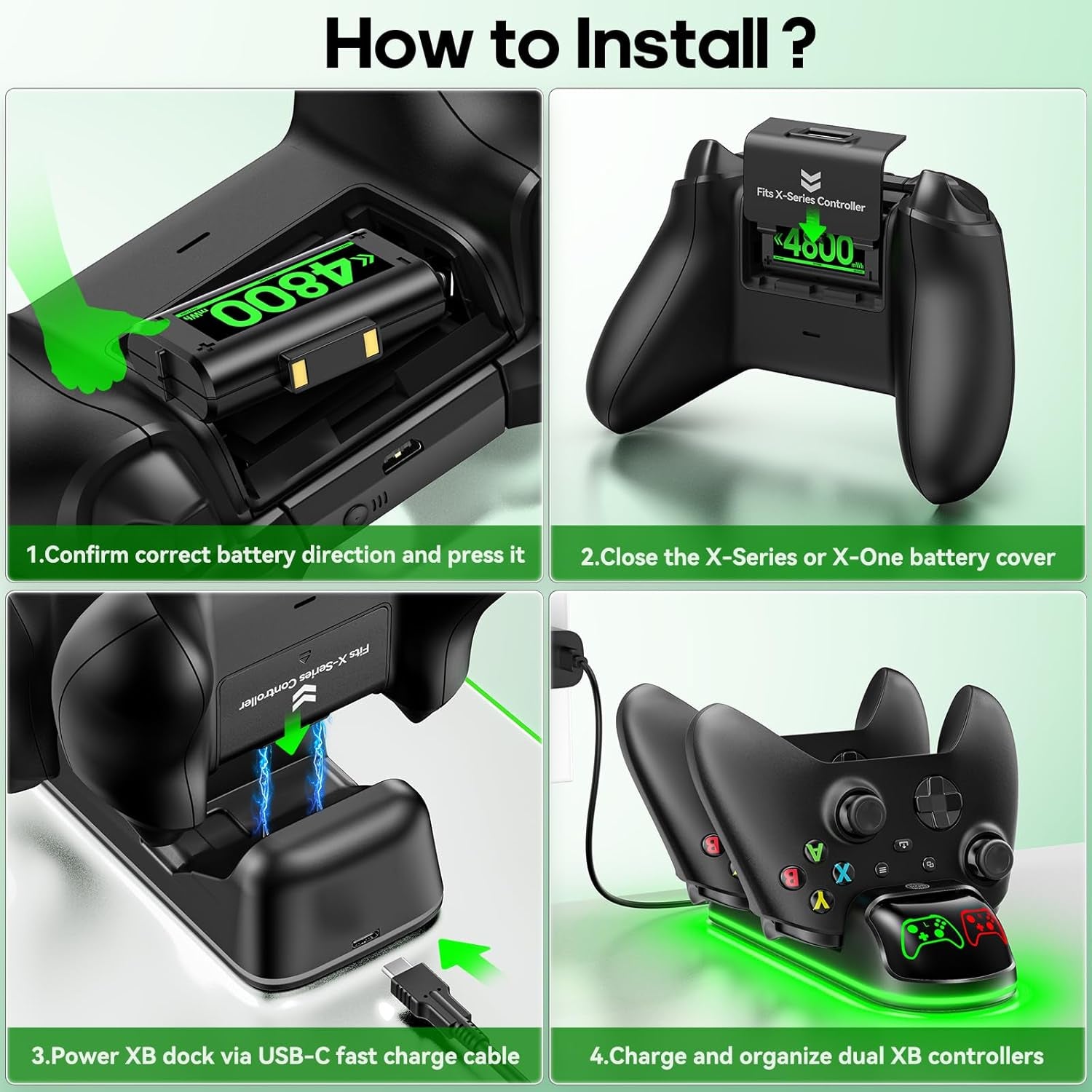 Controller Charger Station with 2X4800Mwh Rechargeable Battery Packs Compatible with Xbox One/Elite/Series X|S, Controller Charging Dock, XB Gaming Accessories with 9 RGB Modes and 4 Battery Covers