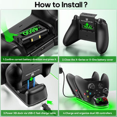 Controller Charger Station with 2X4800Mwh Rechargeable Battery Packs Compatible with Xbox One/Elite/Series X|S, Controller Charging Dock, XB Gaming Accessories with 9 RGB Modes and 4 Battery Covers