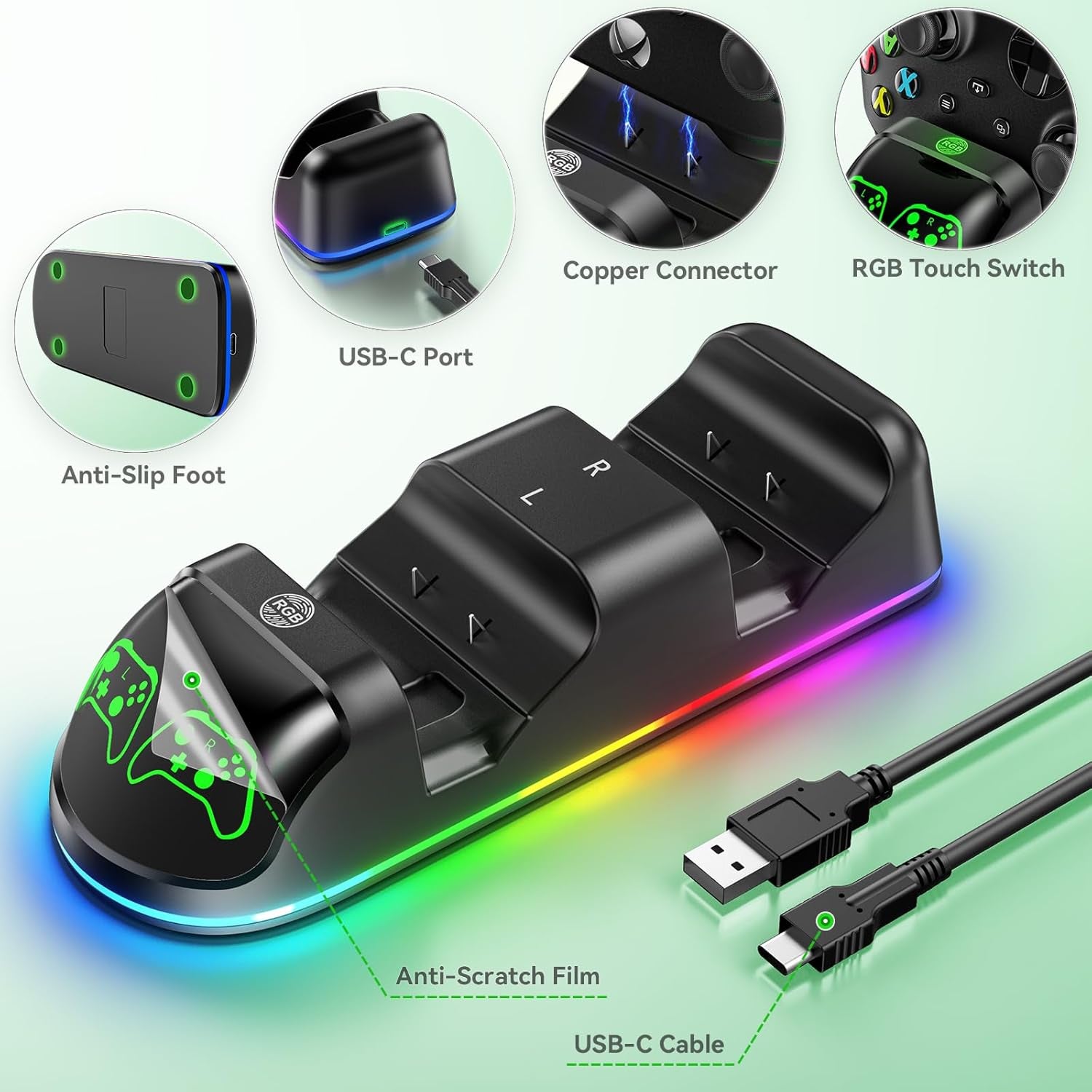 Controller Charger Station with 2X4800Mwh Rechargeable Battery Packs Compatible with Xbox One/Elite/Series X|S, Controller Charging Dock, XB Gaming Accessories with 9 RGB Modes and 4 Battery Covers