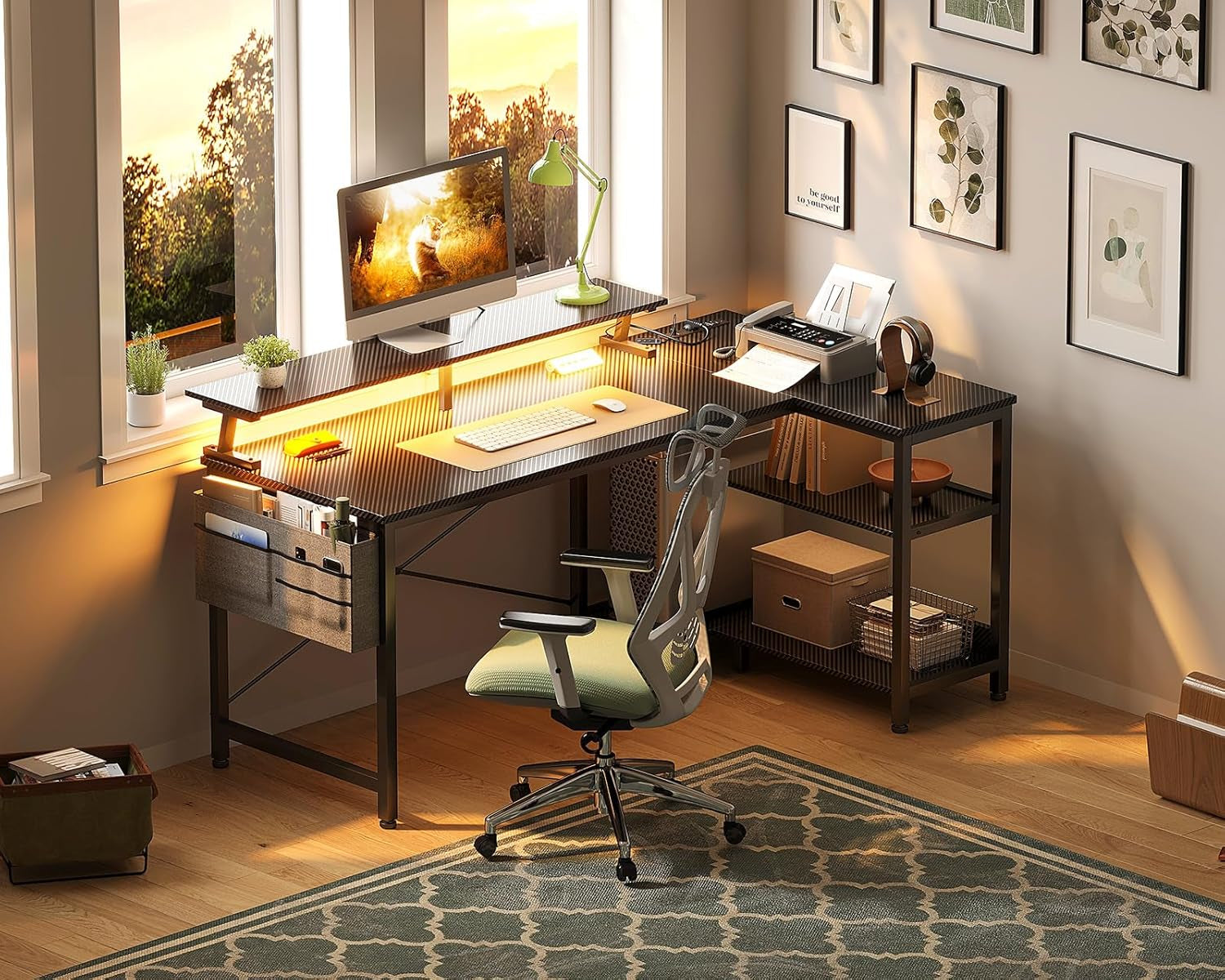 48 Inch Gaming Desk with LED Lights and USB Charging Ports, Reversible L Shaped Computer Desk with Monitor Stand, Storage Shelves, and Power Outlets, Corner Gaming Desk, Black