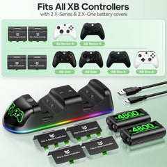Controller Charger Station with 2X4800Mwh Rechargeable Battery Packs Compatible with Xbox One/Elite/Series X|S, Controller Charging Dock, XB Gaming Accessories with 9 RGB Modes and 4 Battery Covers