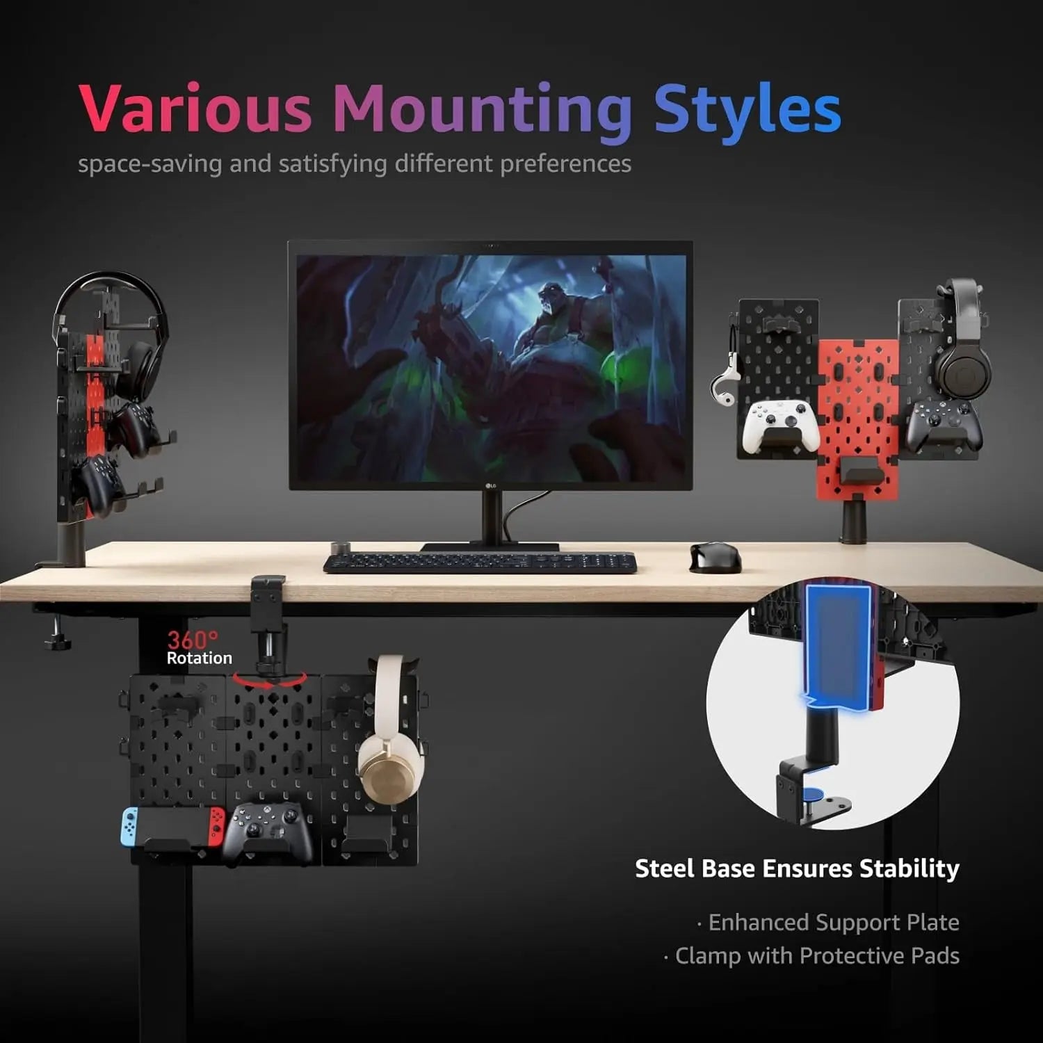 Modular Headphone and Controller Holder for Game, Clamp-On Pegboard, Rotatable Controller Stand with Cable Hooks, Gaming Accessory for Xbox PS5 PS4 Nintendo Switch, 3Pcs Pegboard, Red
