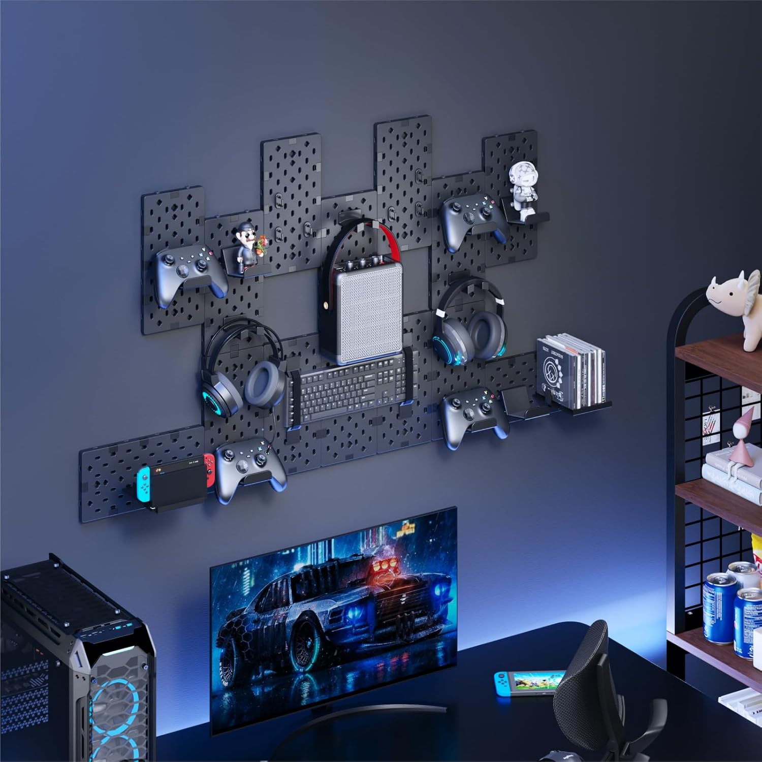 Controller and Headphone Holder Wall Mount, Modular Gaming Pegboard Organizer with Accessories, Wall Mounted Storage System for PS5, Xbox, and Nintendo Gear