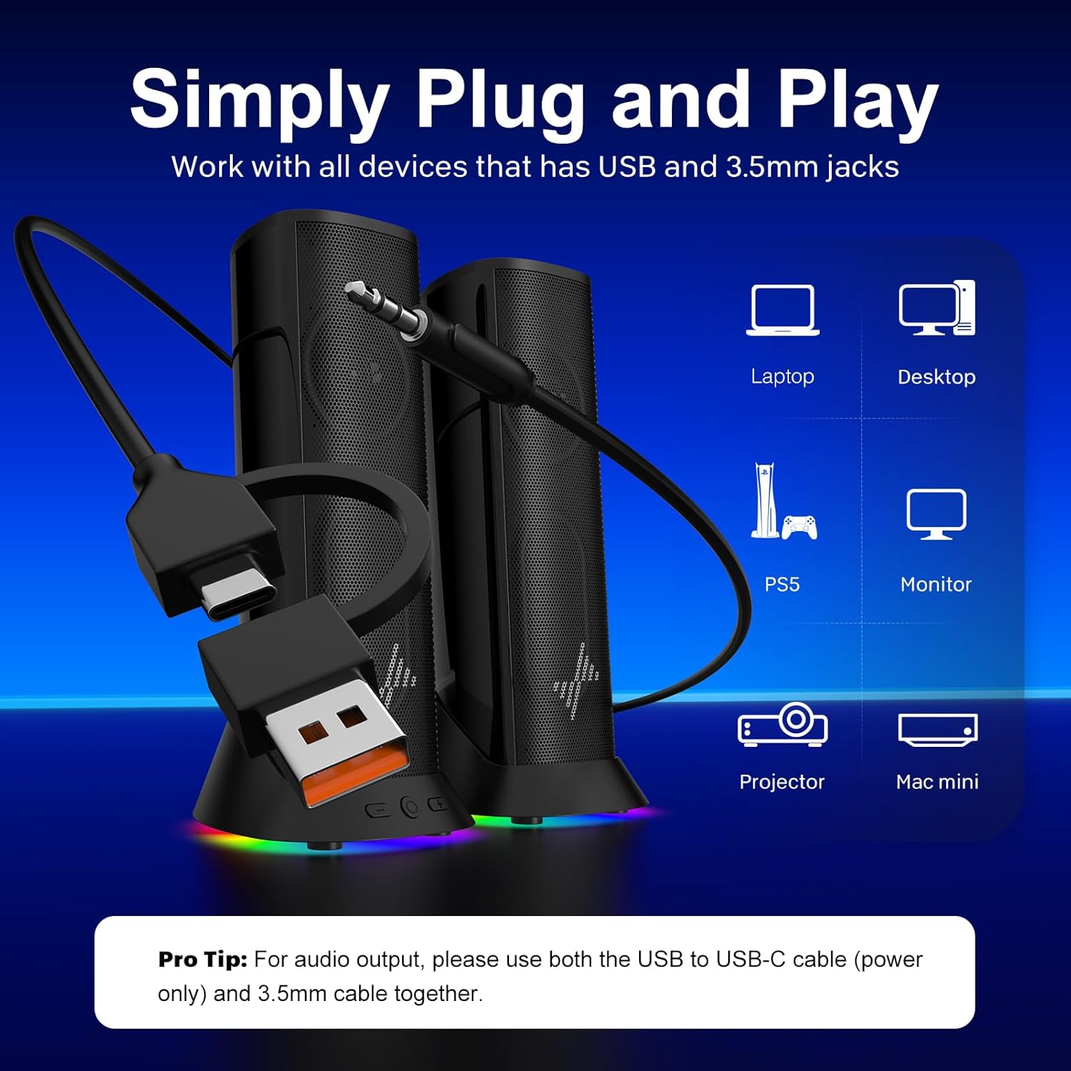 Computer Speakers for Desktop PC, Hi-Fi Stereo Speakers with 9 RGB Lighting Modes, 4-Driver Wired Speakers, USB-A or USB-C Powered with 3.5mm Aux for PC, Laptop, Monitor, MacBook